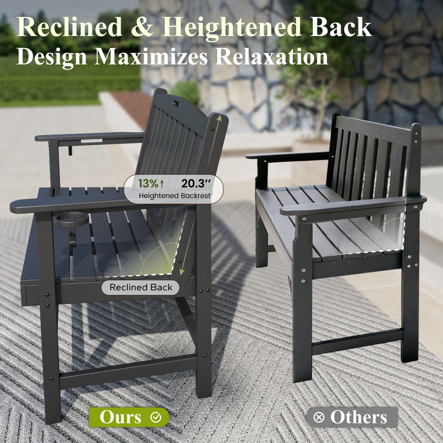 Captiva Designs HDPE Outdoor Bench with Cup Holders, Weather-Resistant 2-Person Patio Bench, 700 lb Capacity, Garden & Porch Seating