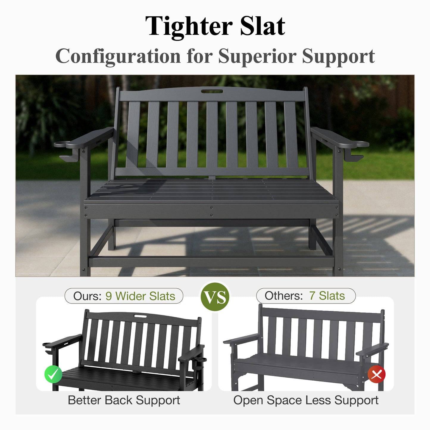 Captiva Designs HDPE Outdoor Bench with Cup Holders, Weather-Resistant 2-Person Patio Bench, 700 lb Capacity, Garden & Porch Seating