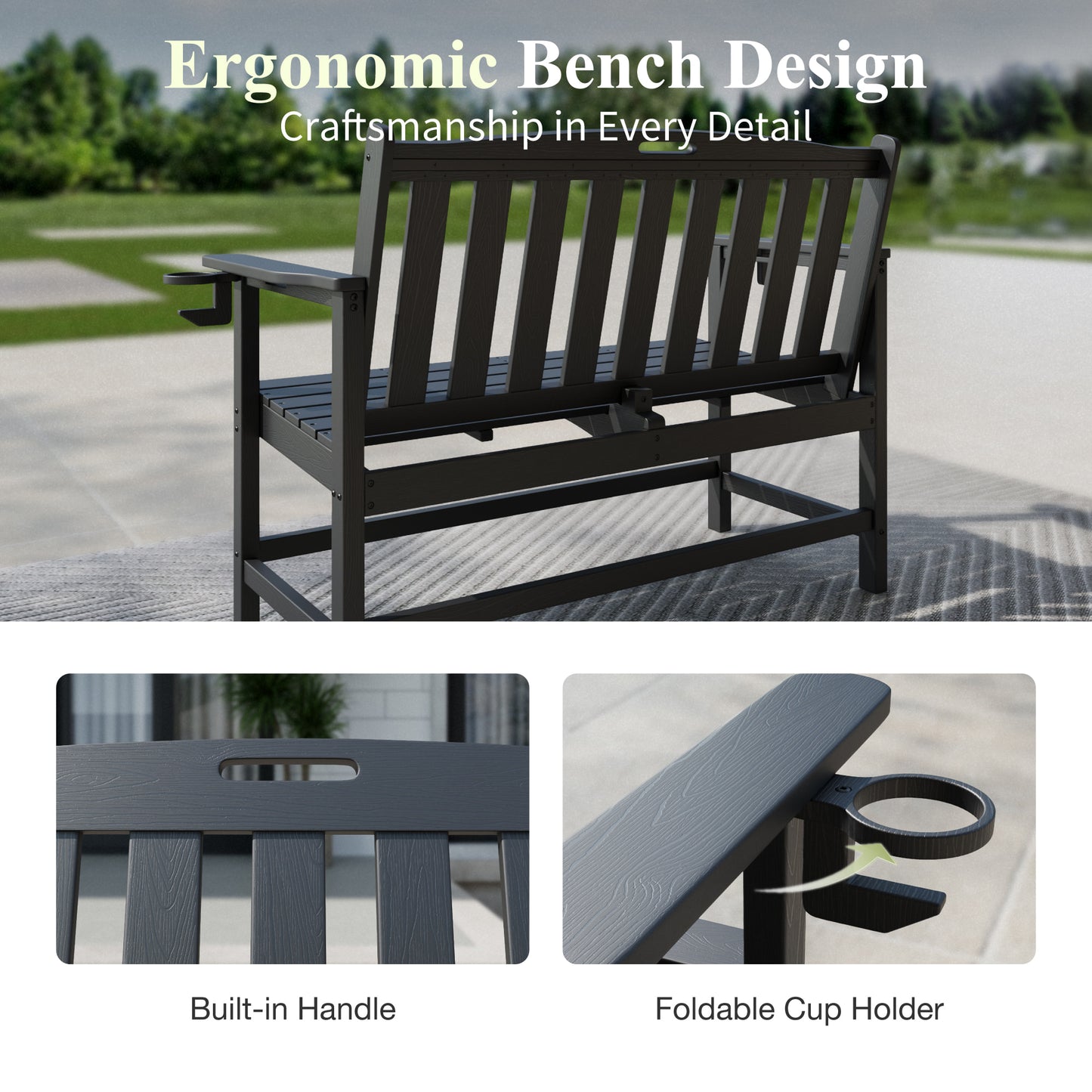 Captiva Designs HDPE Outdoor Bench with Cup Holders, Weather-Resistant 2-Person Patio Bench, 700 lb Capacity, Garden & Porch Seating