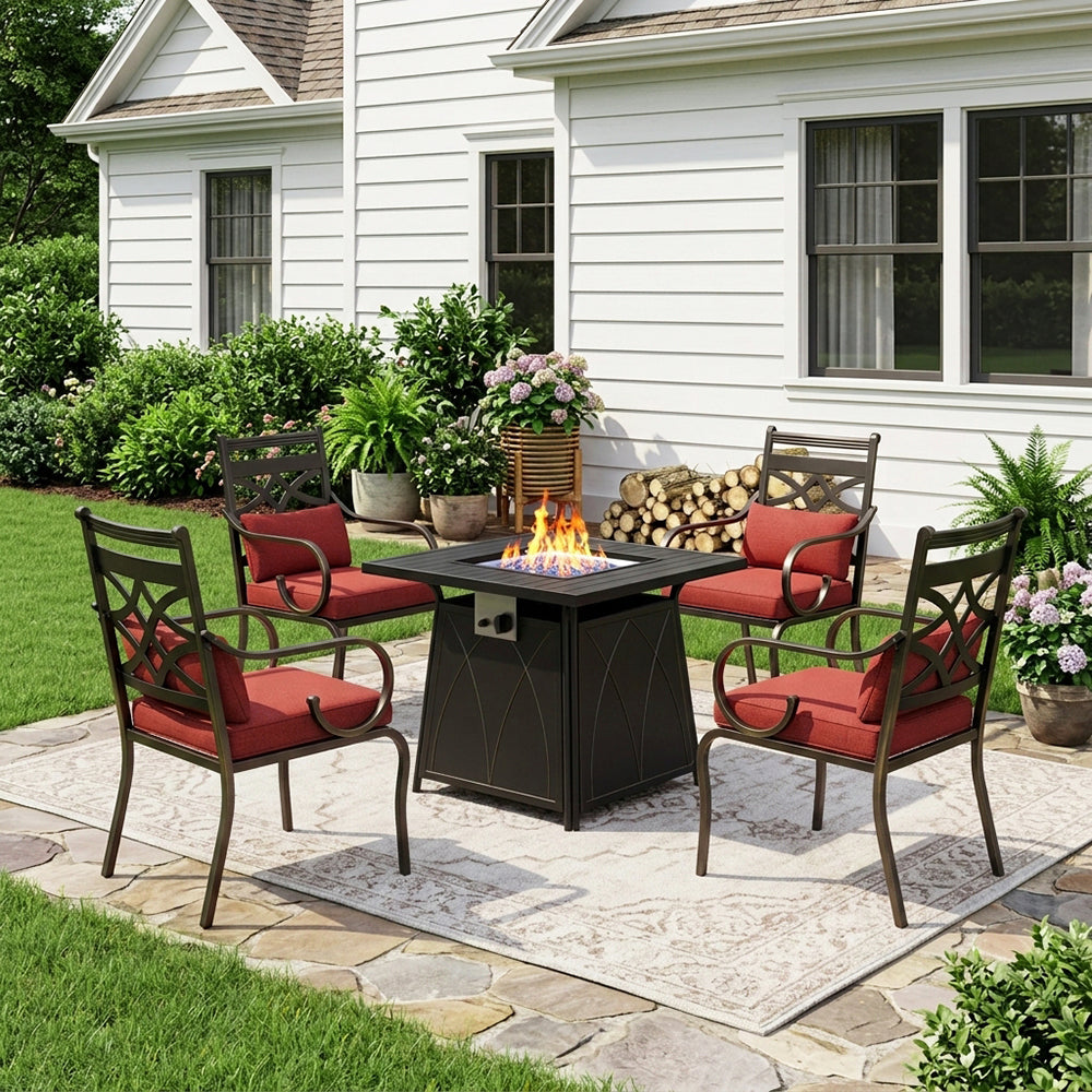 Captiva Designs 5pc Outdoor Patio Square Steel Dining Table and Metal Chairs with Seat Cushion & Waist Pillow