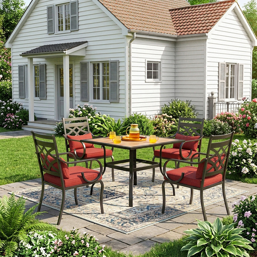 Captiva Designs 5pc Outdoor Patio Square Steel Dining Table and Metal Chairs with Seat Cushion & Waist Pillow