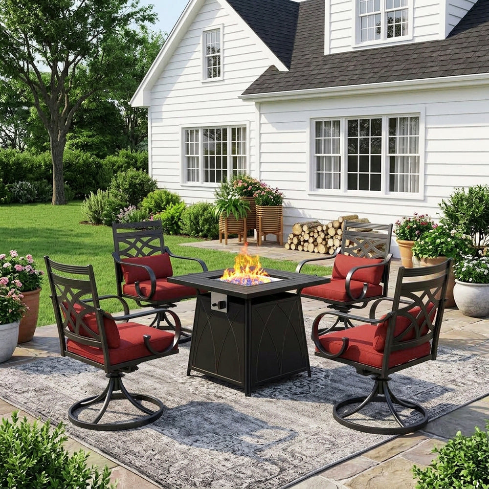 Captiva Designs 5pc Outdoor Patio Square Steel Dining Table and Metal Chairs with Seat Cushion & Waist Pillow