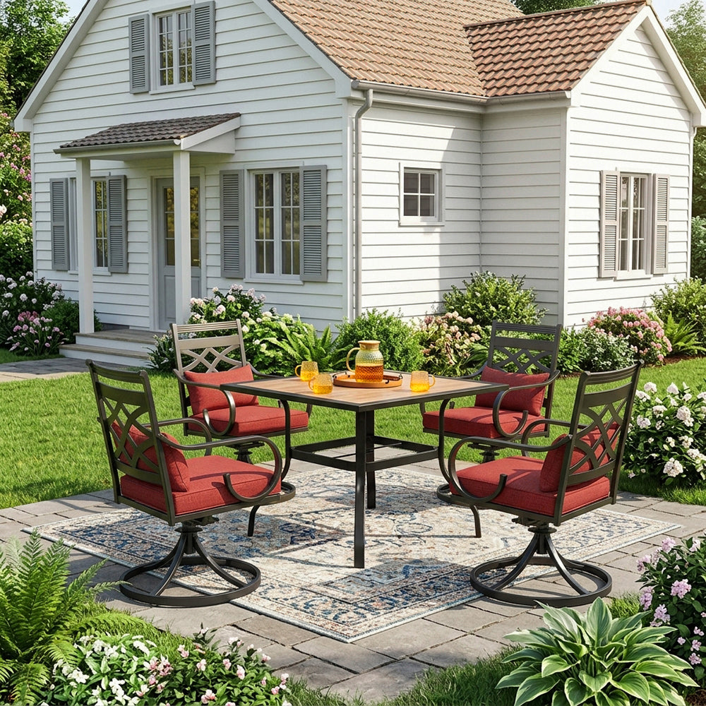 Captiva Designs 5pc Outdoor Patio Square Steel Dining Table and Metal Chairs with Seat Cushion & Waist Pillow