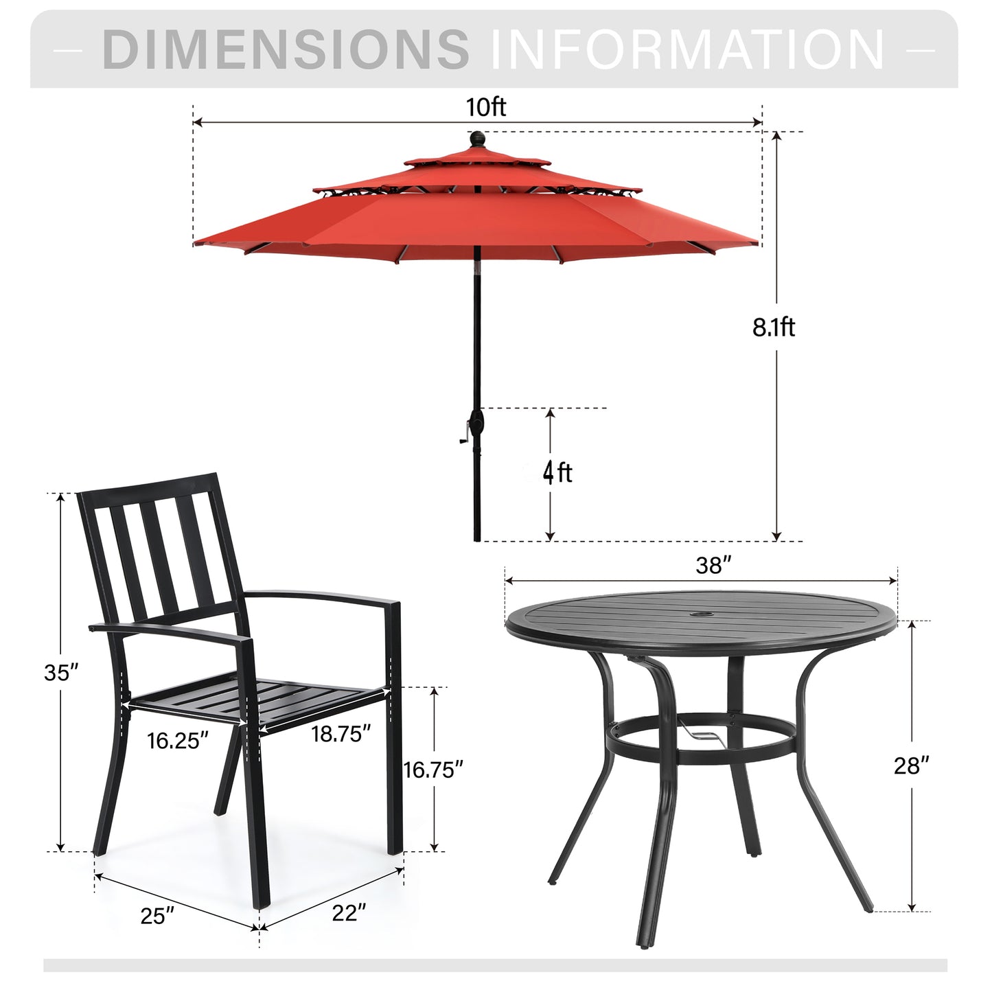 Captiva Designs 6pc Patio Round Dining Table & Stackable Fixed Chairs & 10ft 3 Tier Auto-tilt Umbrella
