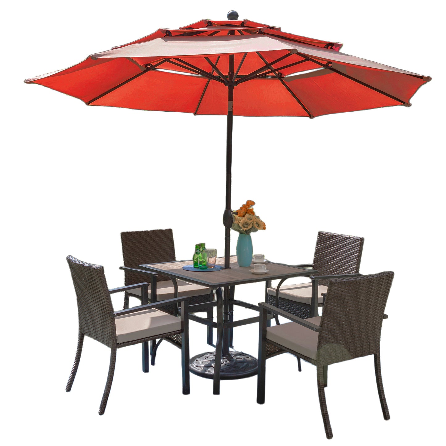 Captiva Designs 6pc Outdoor Patio Steel Dining Table & Rattan Haiti Chairs & Market Umbrella
