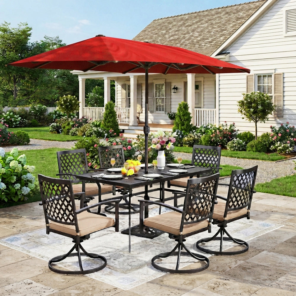 Captiva Designs 8pc Outdoor Rectangular Steel Dining Table & Black Steel Chairs & Market Umbrella