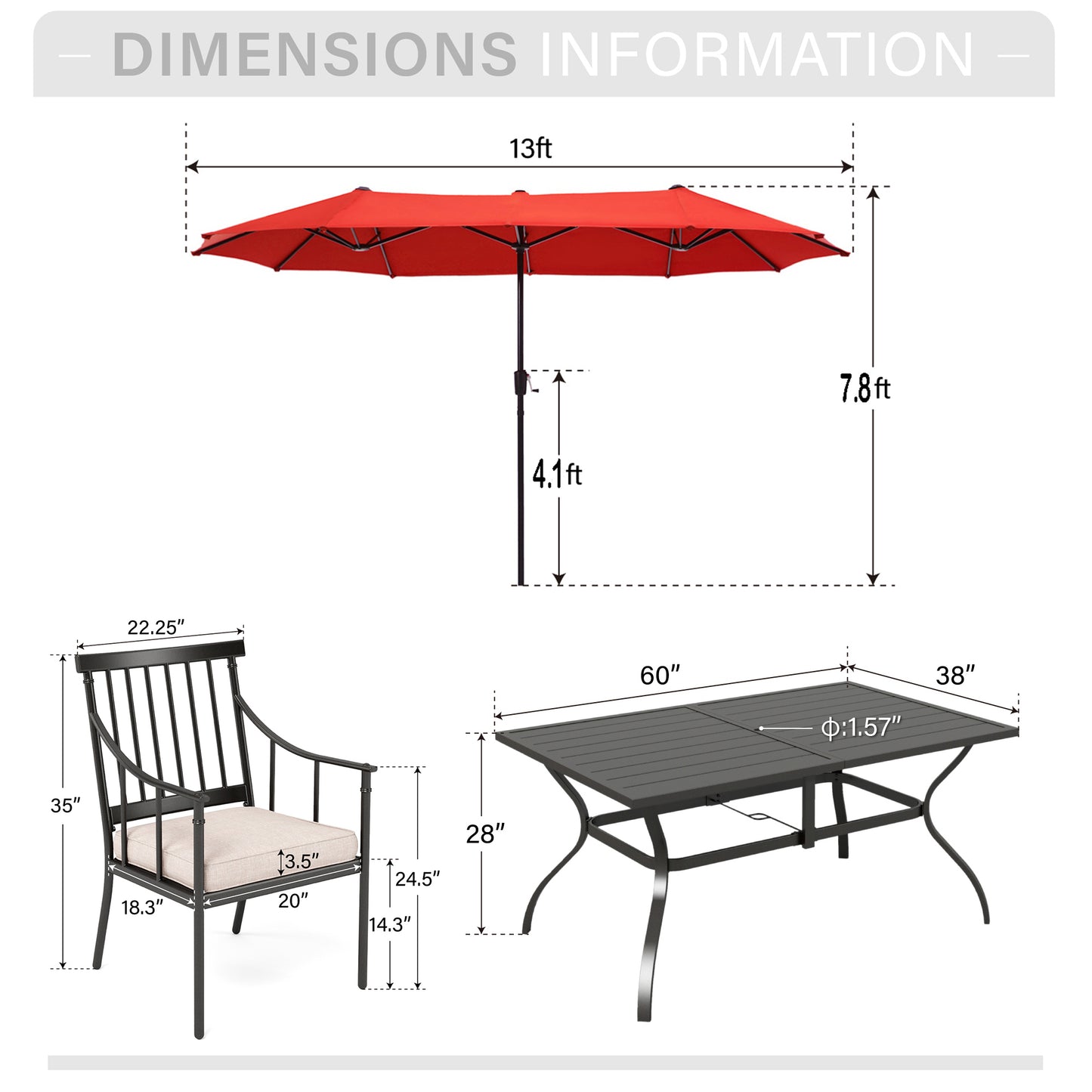 Captiva Designs 8pc Patio Dining Black Rectangular Table & Stylish Metal Chairs & Market Umbrella