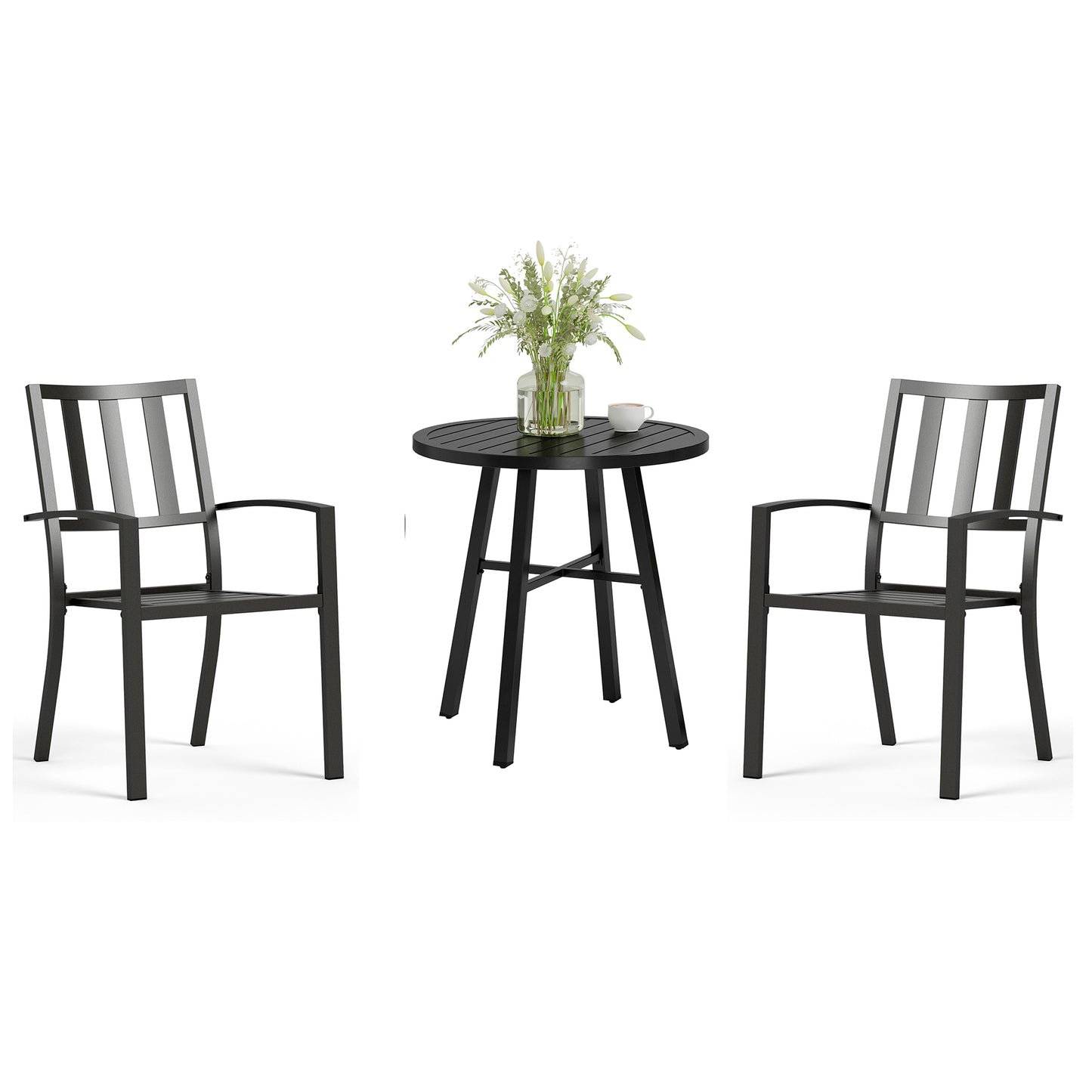 Captiva Designs 3pc Outdoor Patio Slatted Tabletop Round Dining Table & Metal Chairs
