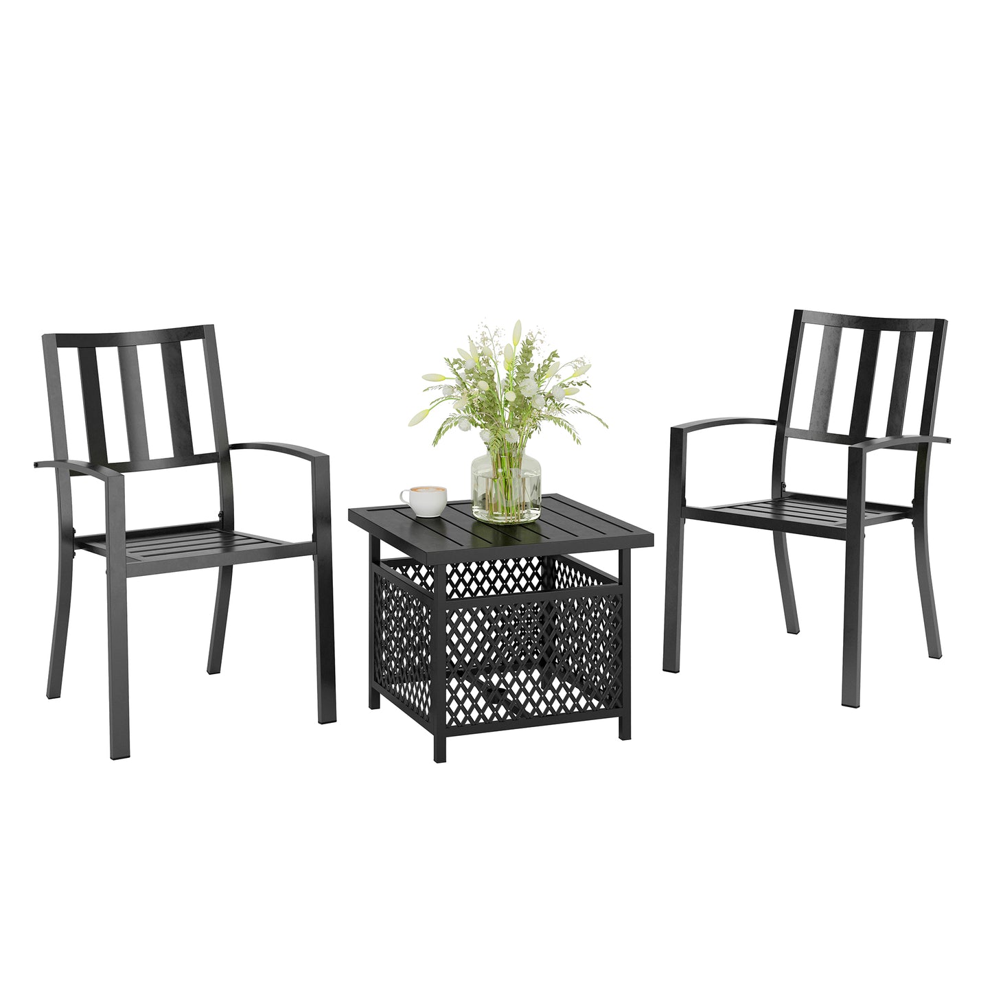 Captiva Designs 3pc Outdoor Patio Slatted Tabletop Square Dining Steel Table & Arm Chairs