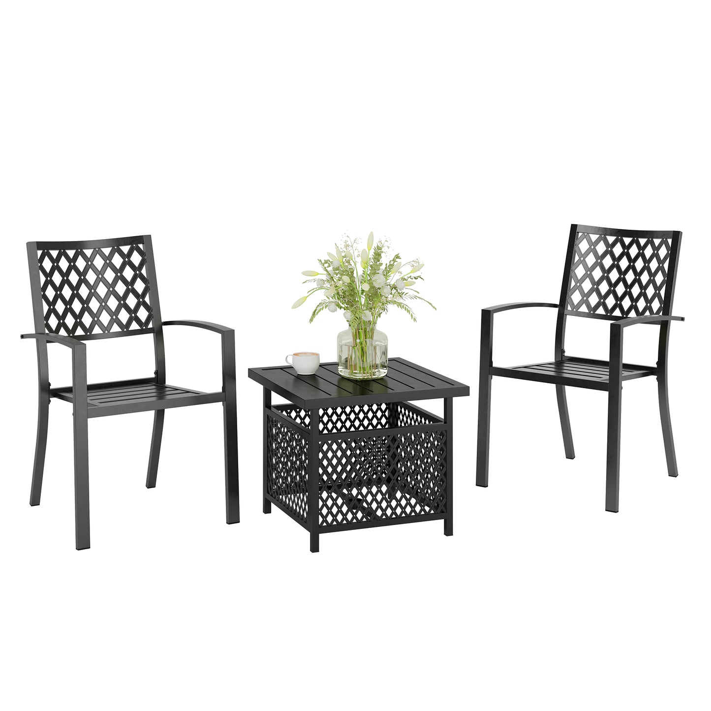 Captiva Designs 3pc Outdoor Patio Slatted Tabletop Square Dining Steel Table & Arm Chairs