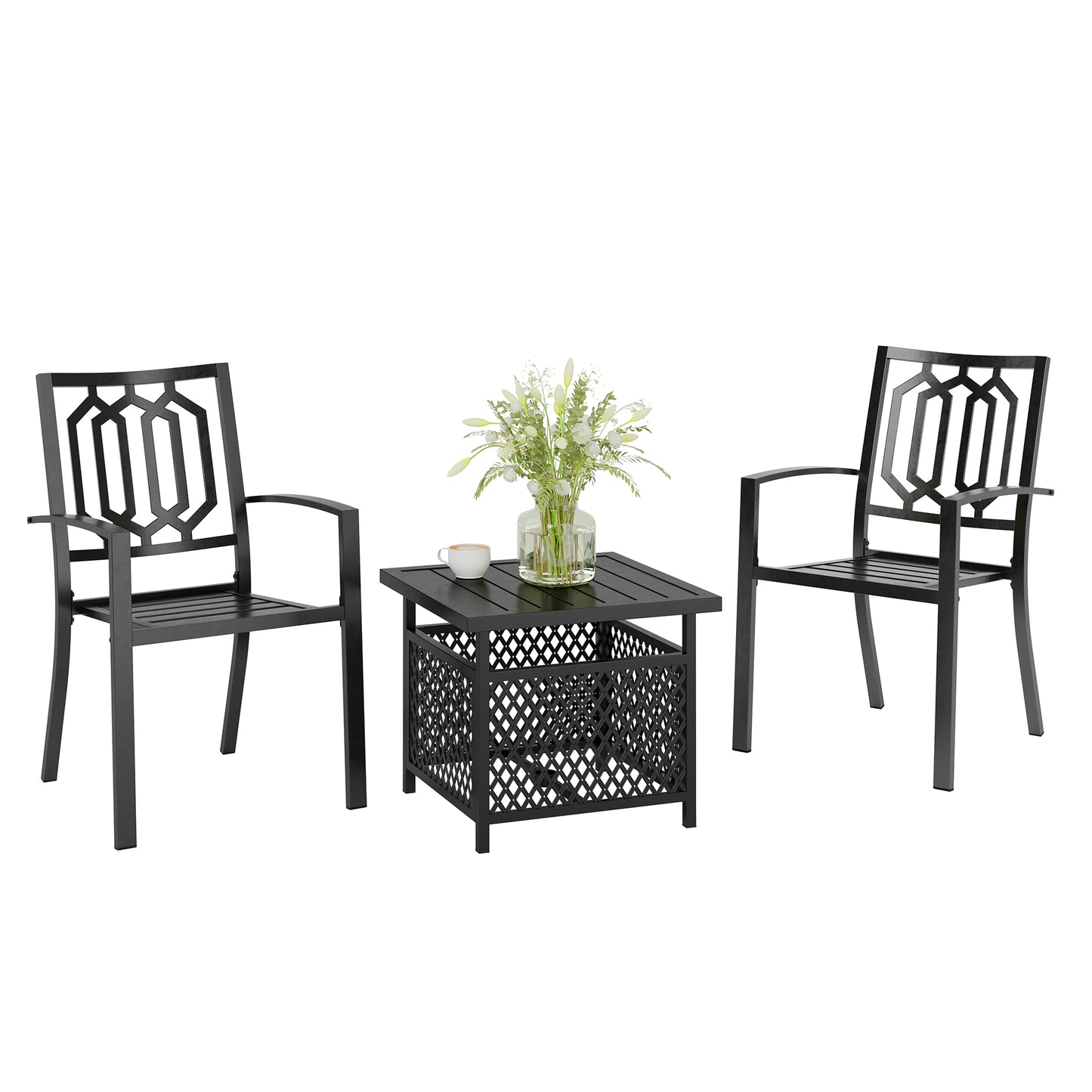 Captiva Designs 3pc Outdoor Patio Slatted Tabletop Square Dining Steel Table & Arm Chairs