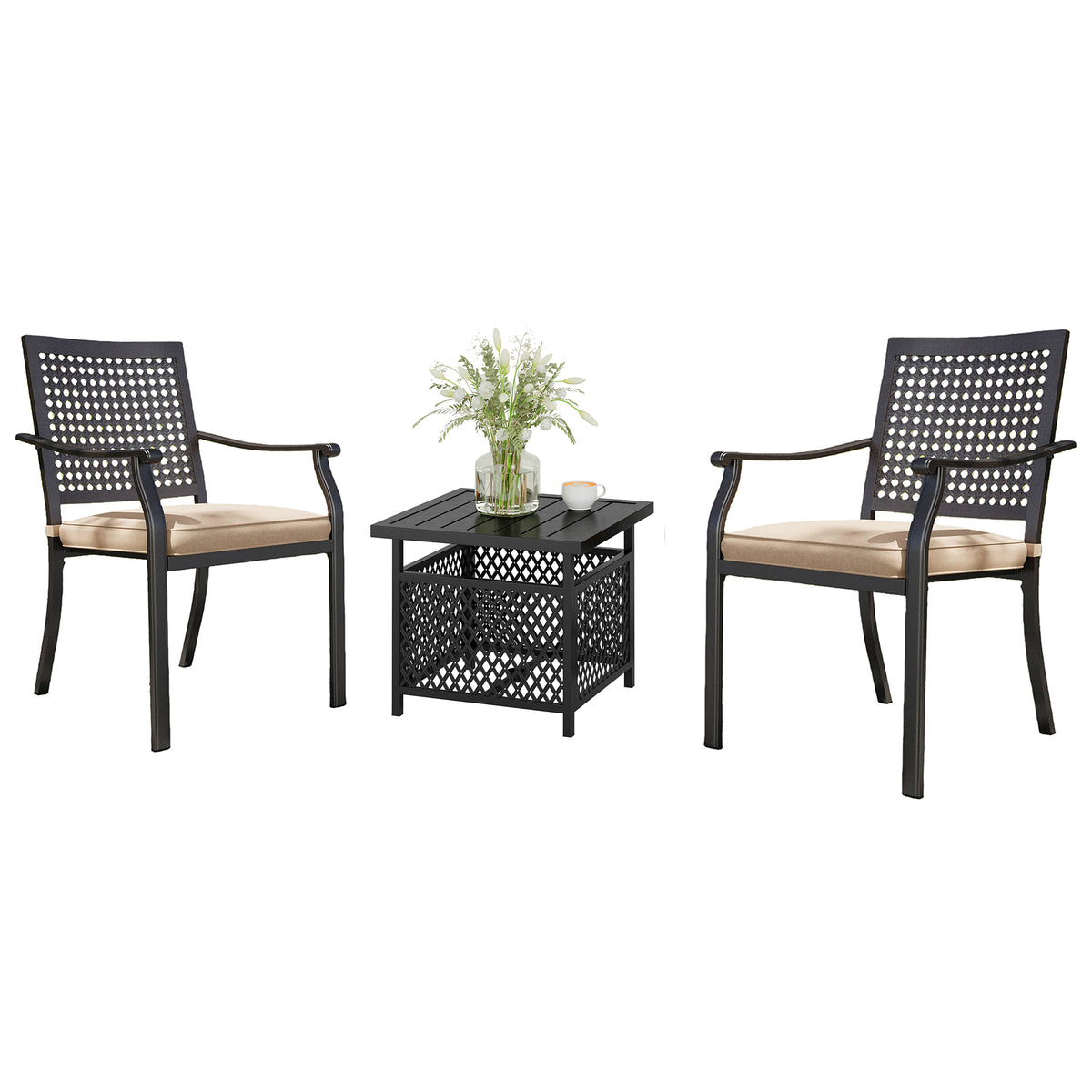 Captiva Designs 3pc Outdoor Patio Slatted Tabletop Square Dining Steel Table & Arm Chairs