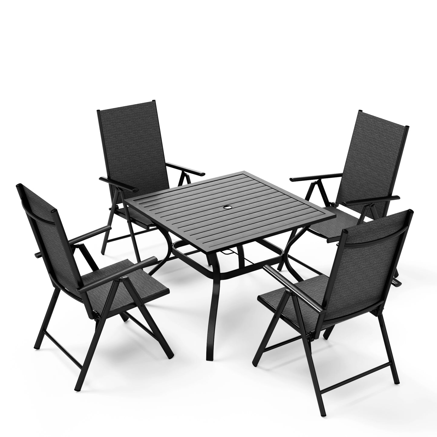 Captiva Designs 5pc Patio Dining Set Steel Frame Table with Umbrella Hole & Textilene Reclining Foldable Chairs