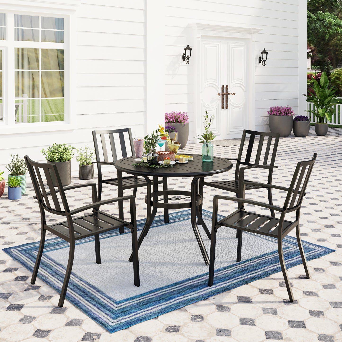 Captiva Designs 5pc Outdoor Steel Slat-top Round Dining Table & Metal Chairs with Stylish Back