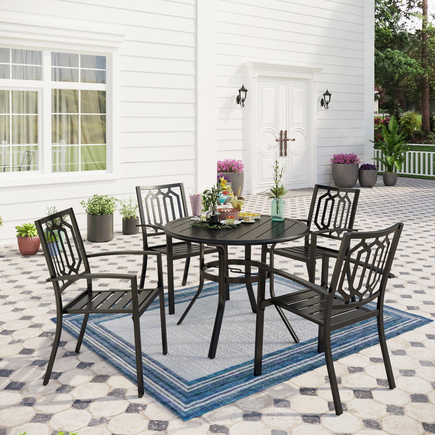 Captiva Designs 5pc Outdoor Steel Slat-top Round Dining Table & Metal Chairs with Stylish Back
