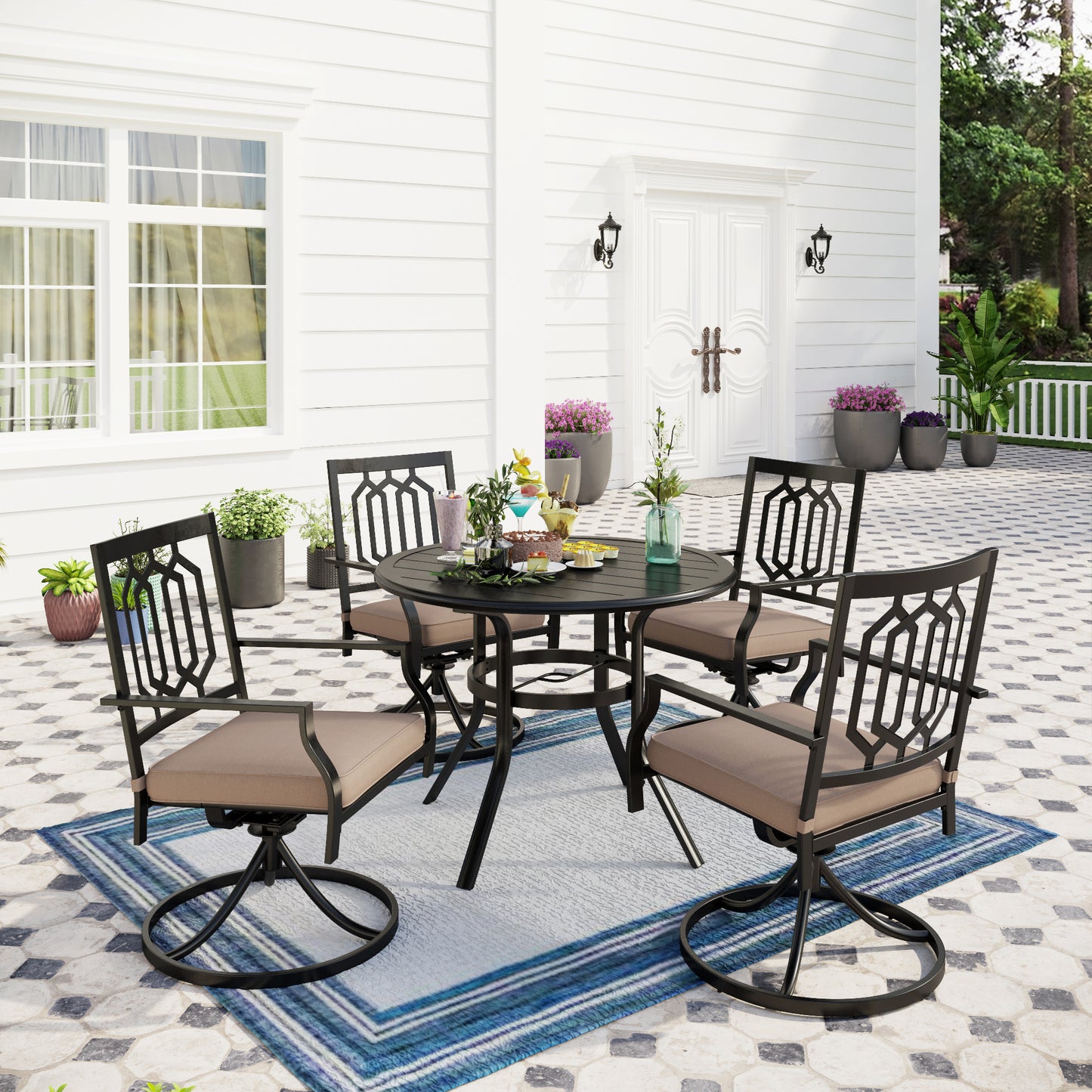 Captiva Designs 5pc Outdoor Steel Slat-top Round Dining Table & Metal Chairs with Stylish Back