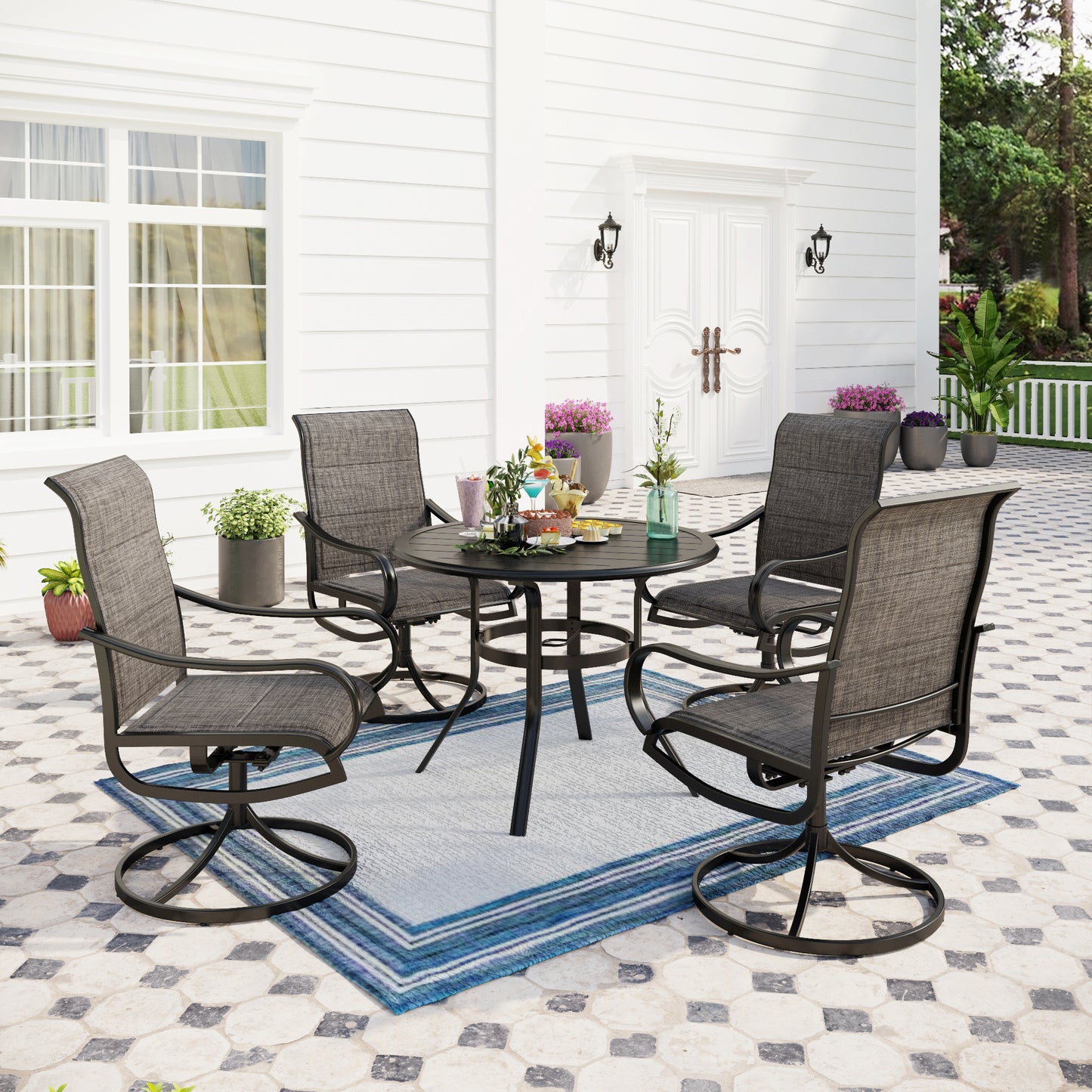 Captiva Designs 5pc Outdoor Patio Slat-top Black Round Dining Steel Table & Steel Frame Sling Chairs