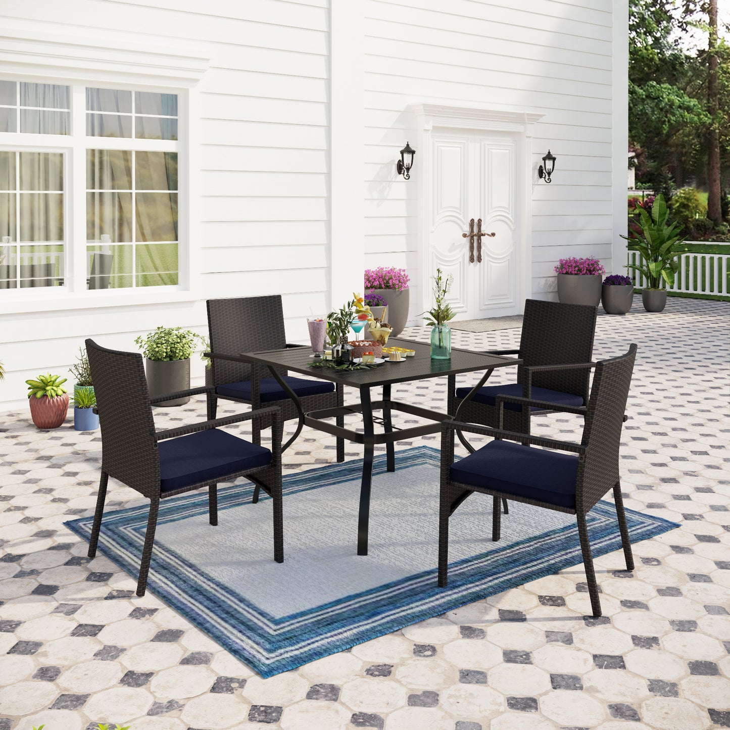 Captiva Designs 5pc Patio Dining Set Steel Frame Table with Umbrella Hole & Rattan Chairs with Removable Cushions