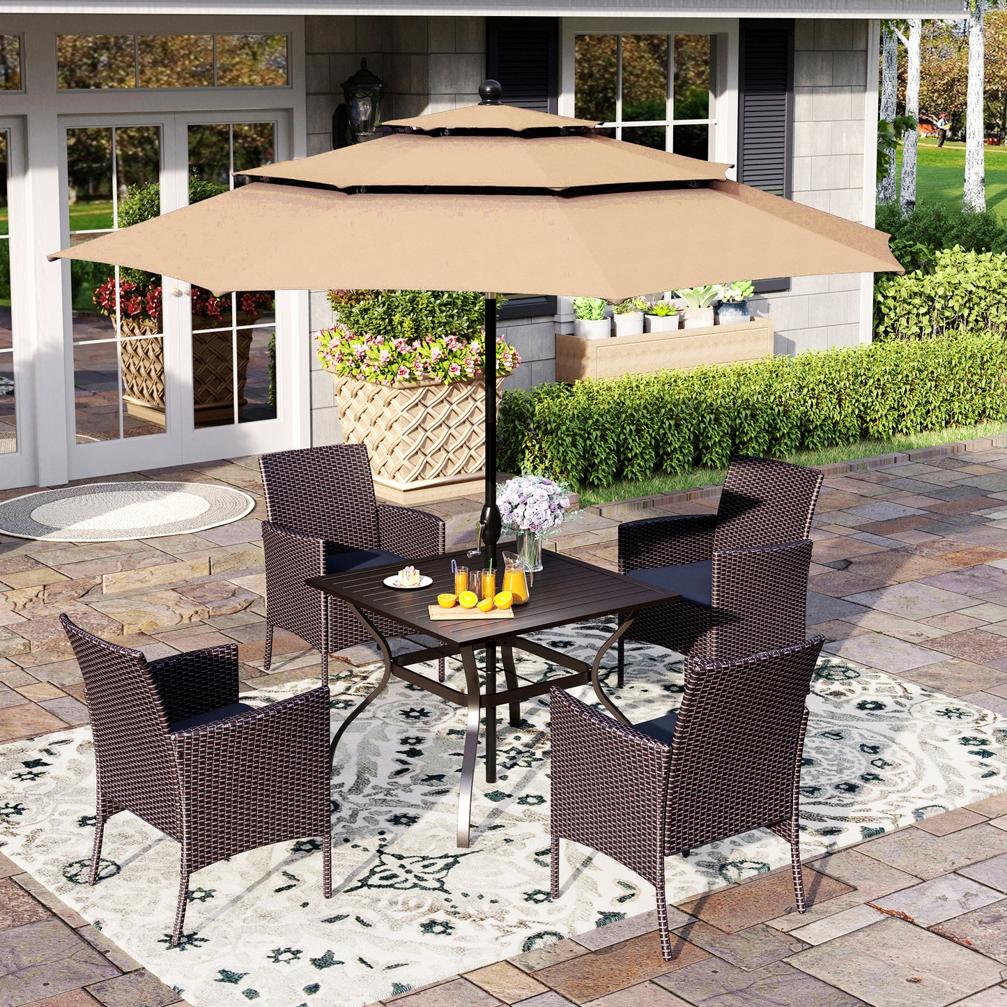 Captiva Designs 6pc Patio Slat-top Black Dining Table & Crescent Arm Rattan Chairs & Market Umbrella