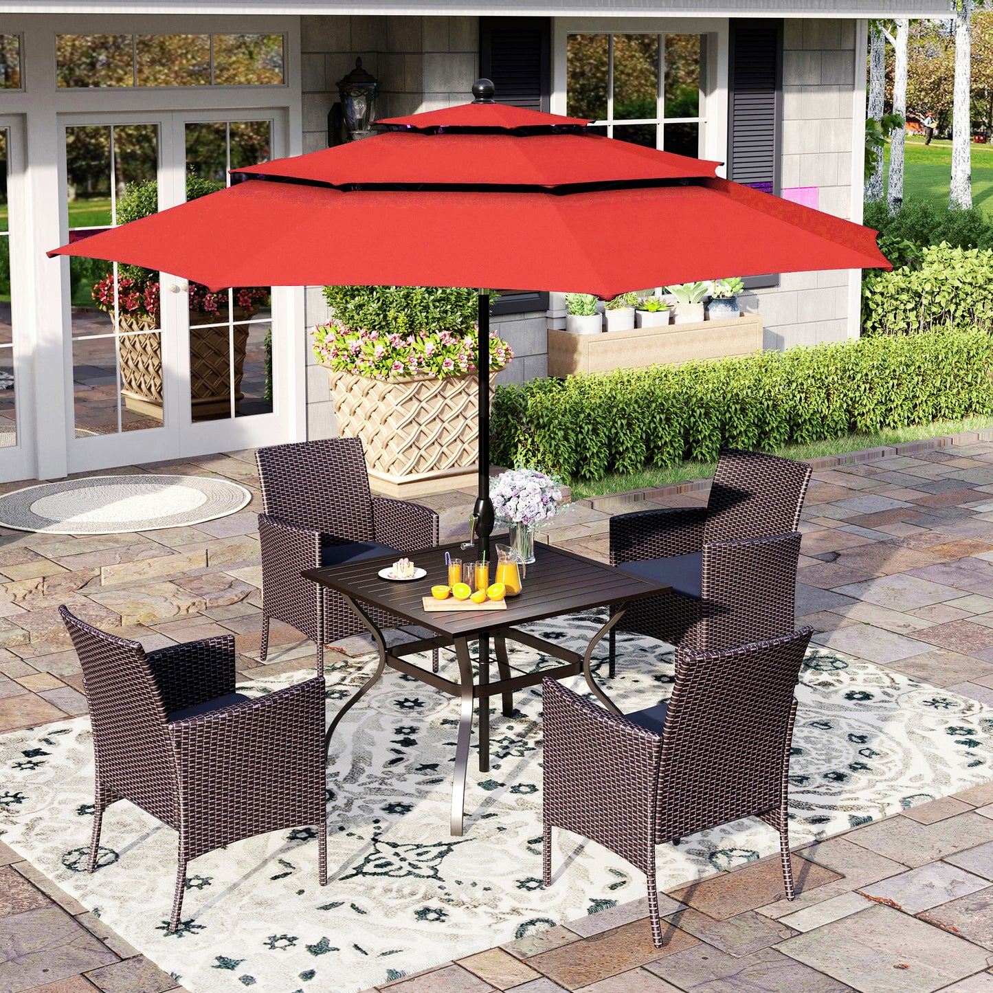 Captiva Designs 6pc Patio Slat-top Black Dining Table & Crescent Arm Rattan Chairs & Market Umbrella