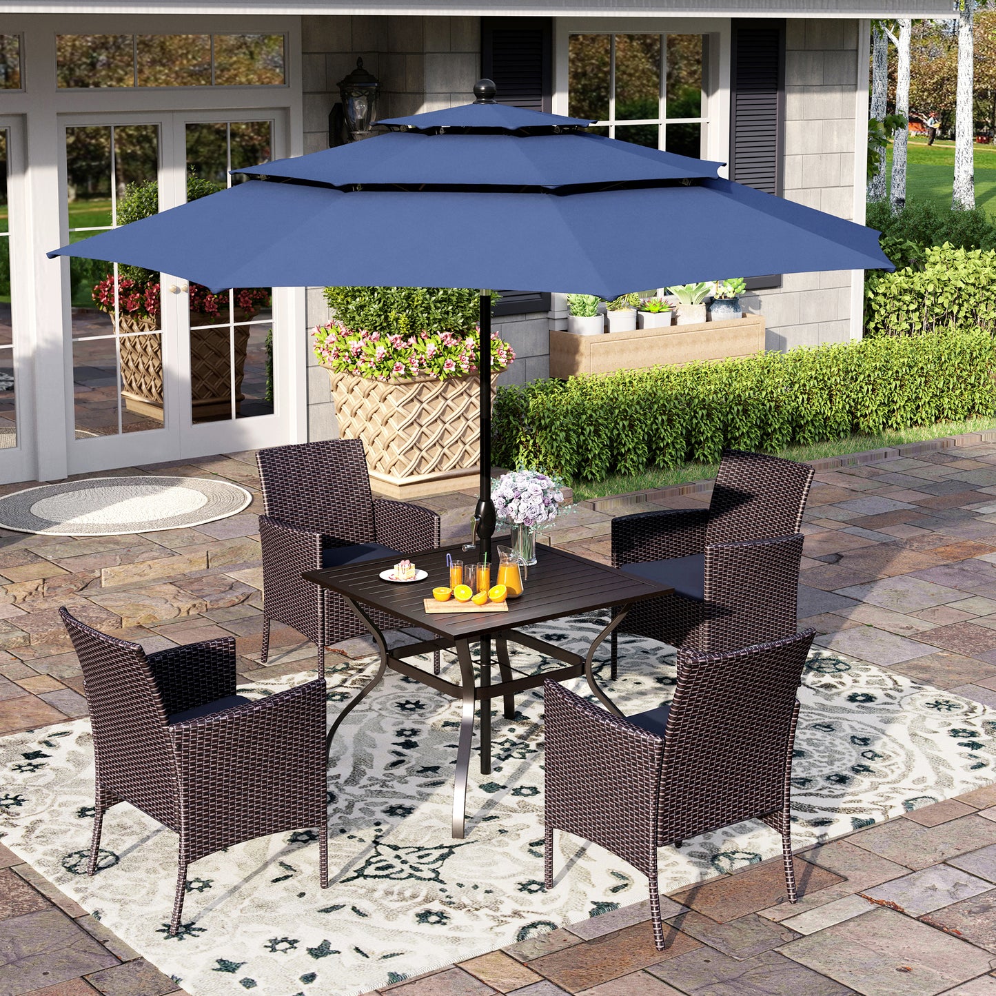 Captiva Designs 6pc Patio Slat-top Black Dining Table & Crescent Arm Rattan Chairs & Market Umbrella