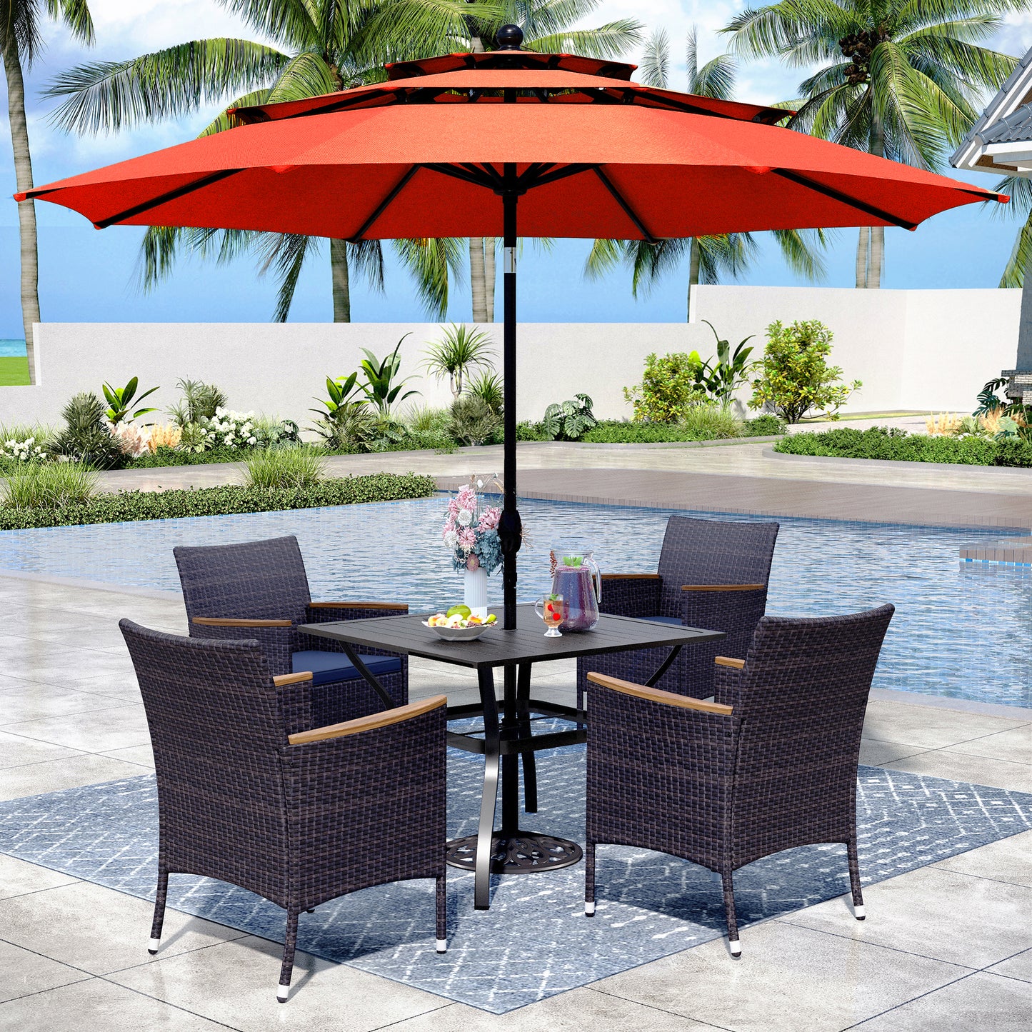 Captiva Designs 6pc Patio Slat-top Black Dining Table & Crescent Arm Rattan Chairs & Market Umbrella
