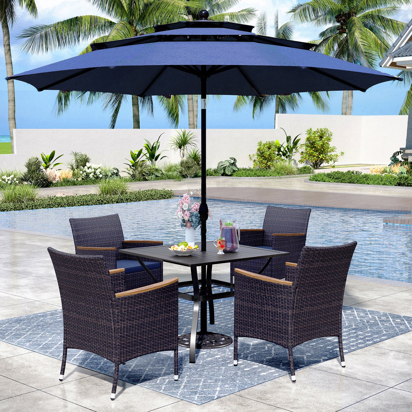 Captiva Designs 6pc Patio Slat-top Black Dining Table & Crescent Arm Rattan Chairs & Market Umbrella