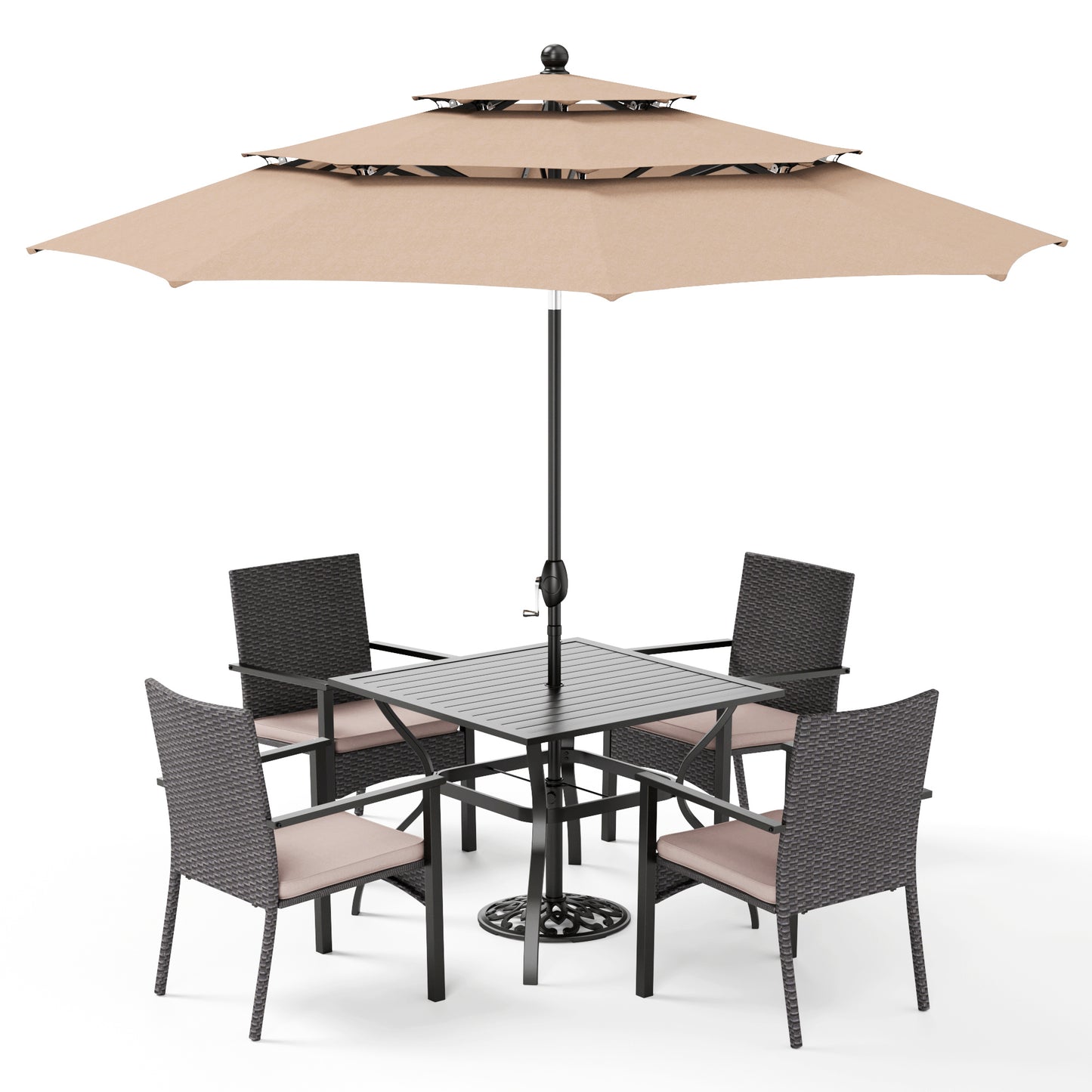 Captiva Designs 6pc Outdoor Patio Steel Dining Table & Rattan Haiti Chairs & Market Umbrella