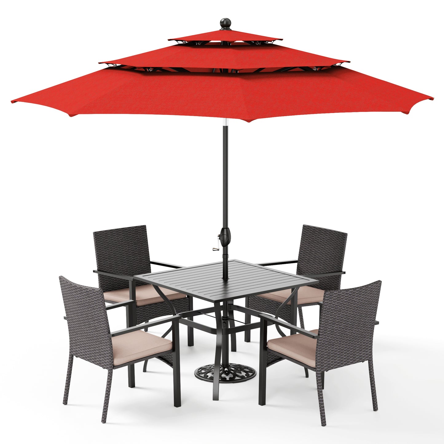 Captiva Designs 6pc Outdoor Patio Steel Dining Table & Rattan Haiti Chairs & Market Umbrella
