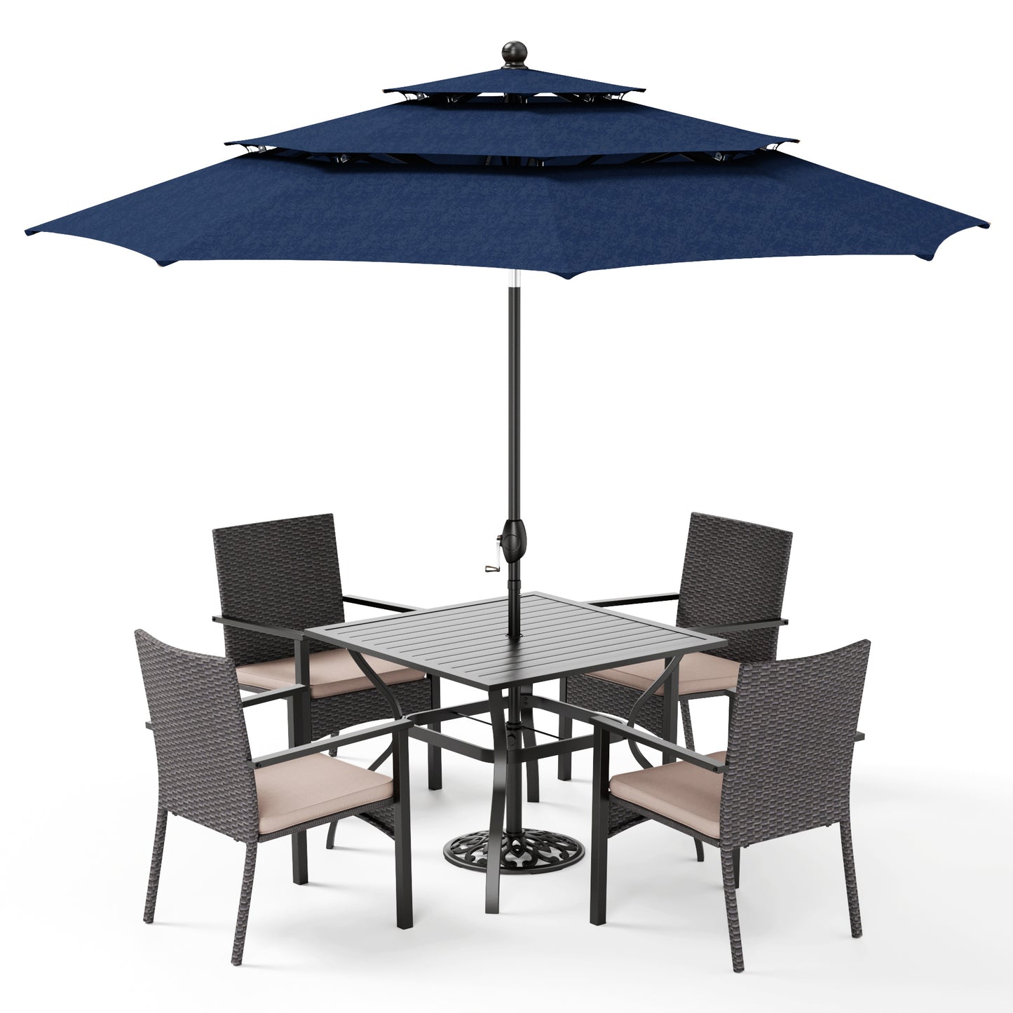 Captiva Designs 6pc Outdoor Patio Steel Dining Table & Rattan Haiti Chairs & Market Umbrella