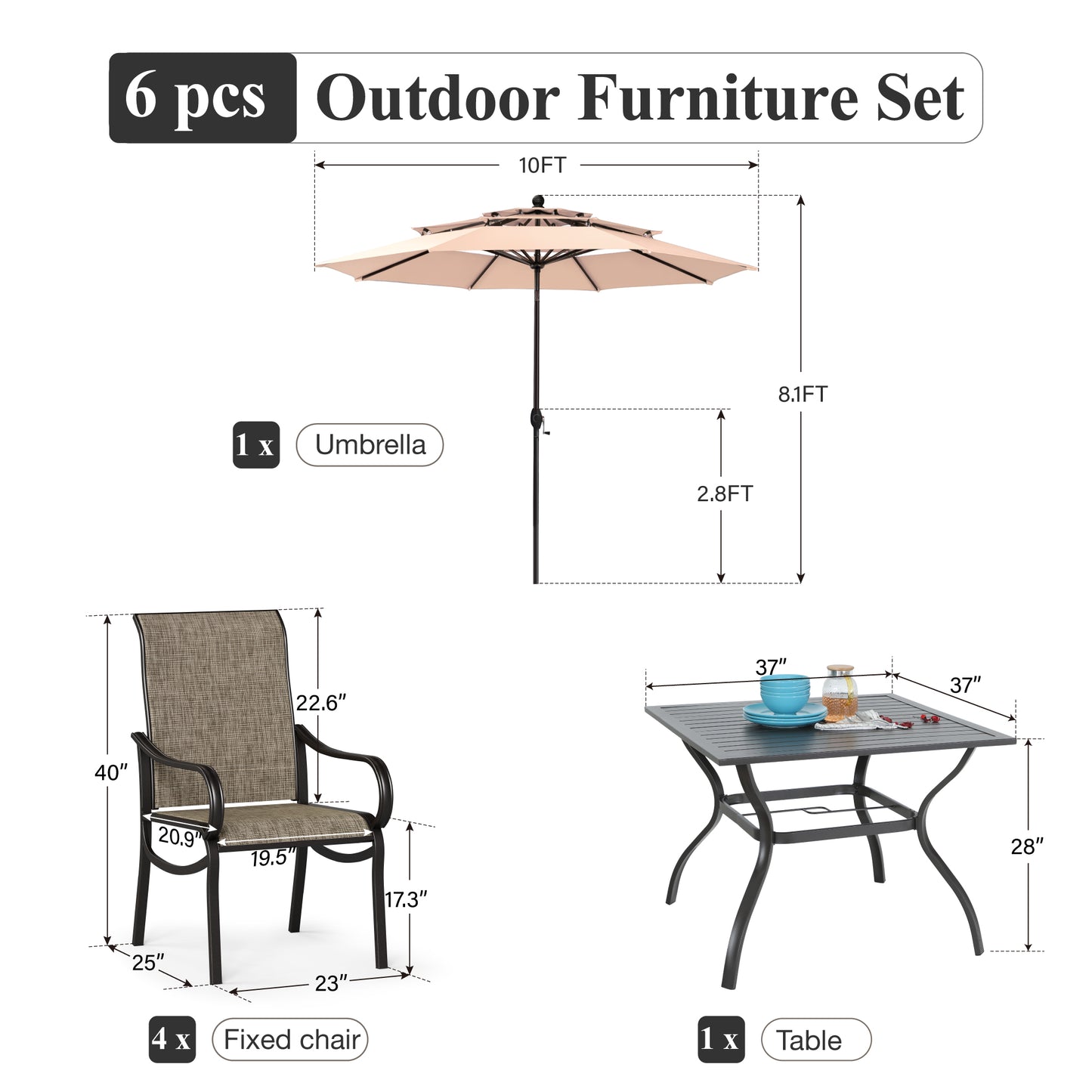 Captiva Designs 6pc Patio Dining Set with Square Steel Frame Table  & Sling Chairs & Market Umbrella