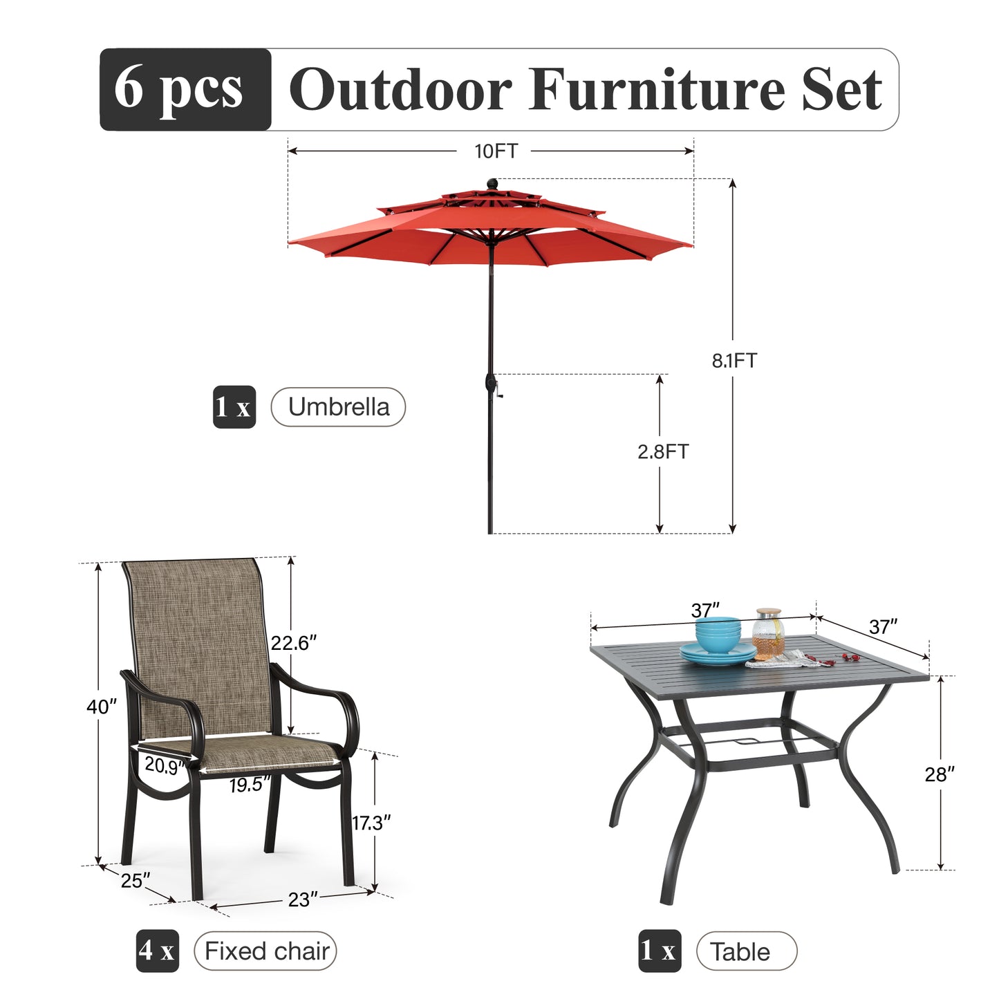 Captiva Designs 6pc Patio Dining Set with Square Steel Frame Table  & Sling Chairs & Market Umbrella