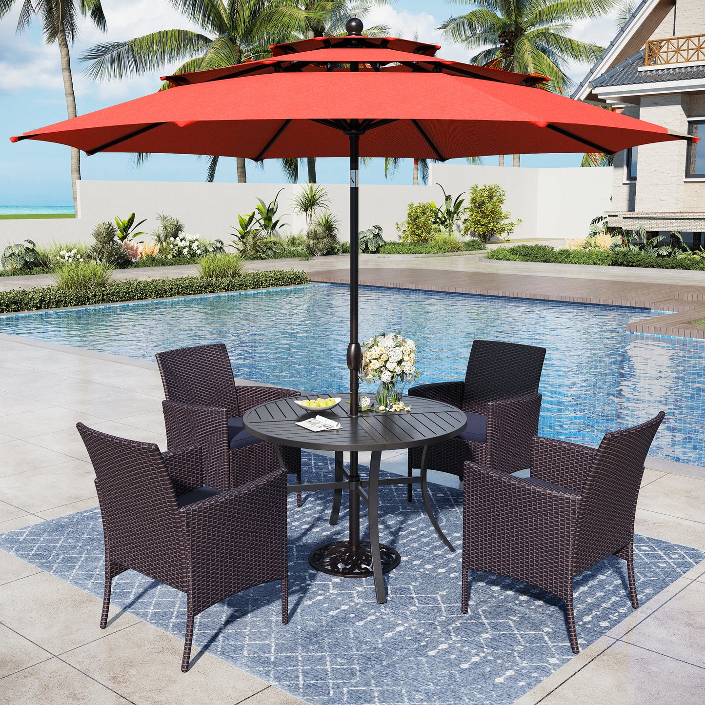 Captiva Designs 6pc Patio Slat-top Black Dining Table & Crescent Arm Rattan Chairs & Market Umbrella