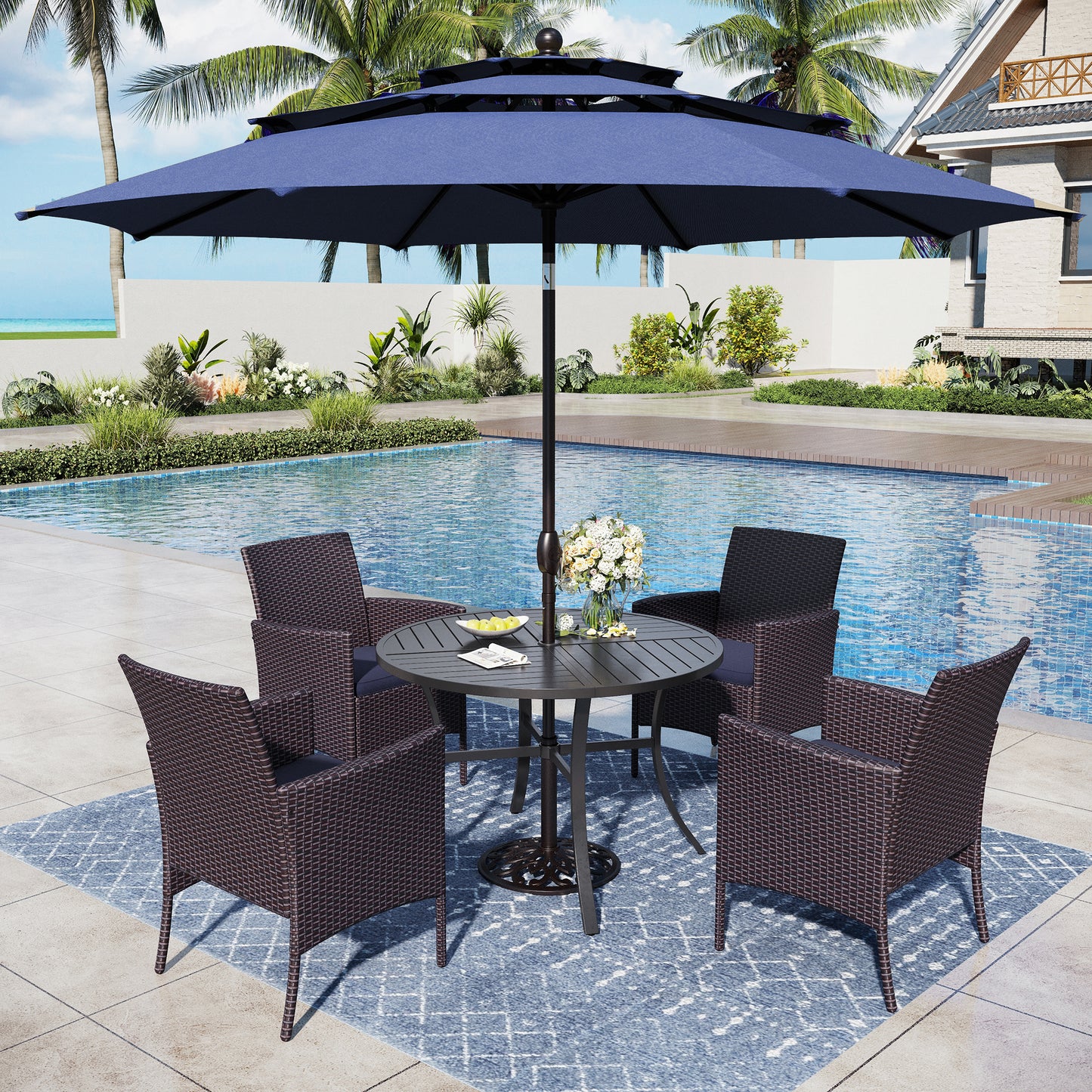 Captiva Designs 6pc Patio Slat-top Black Dining Table & Crescent Arm Rattan Chairs & Market Umbrella