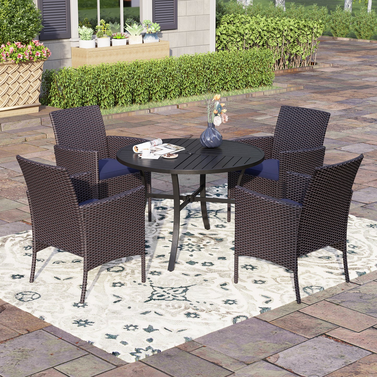 Captiva Designs 5pc Patio Dining Set Steel Frame Table with Umbrella Hole & Rattan Chairs with Removable Cushions