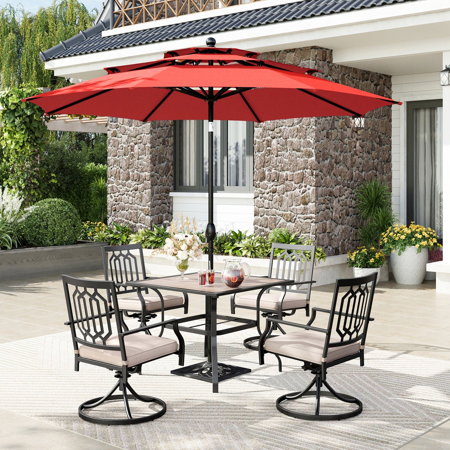 Captiva Designs 6pc Outdoor Patio Steel Dining Table & Swivel Metal Chairs & Market Umbrella