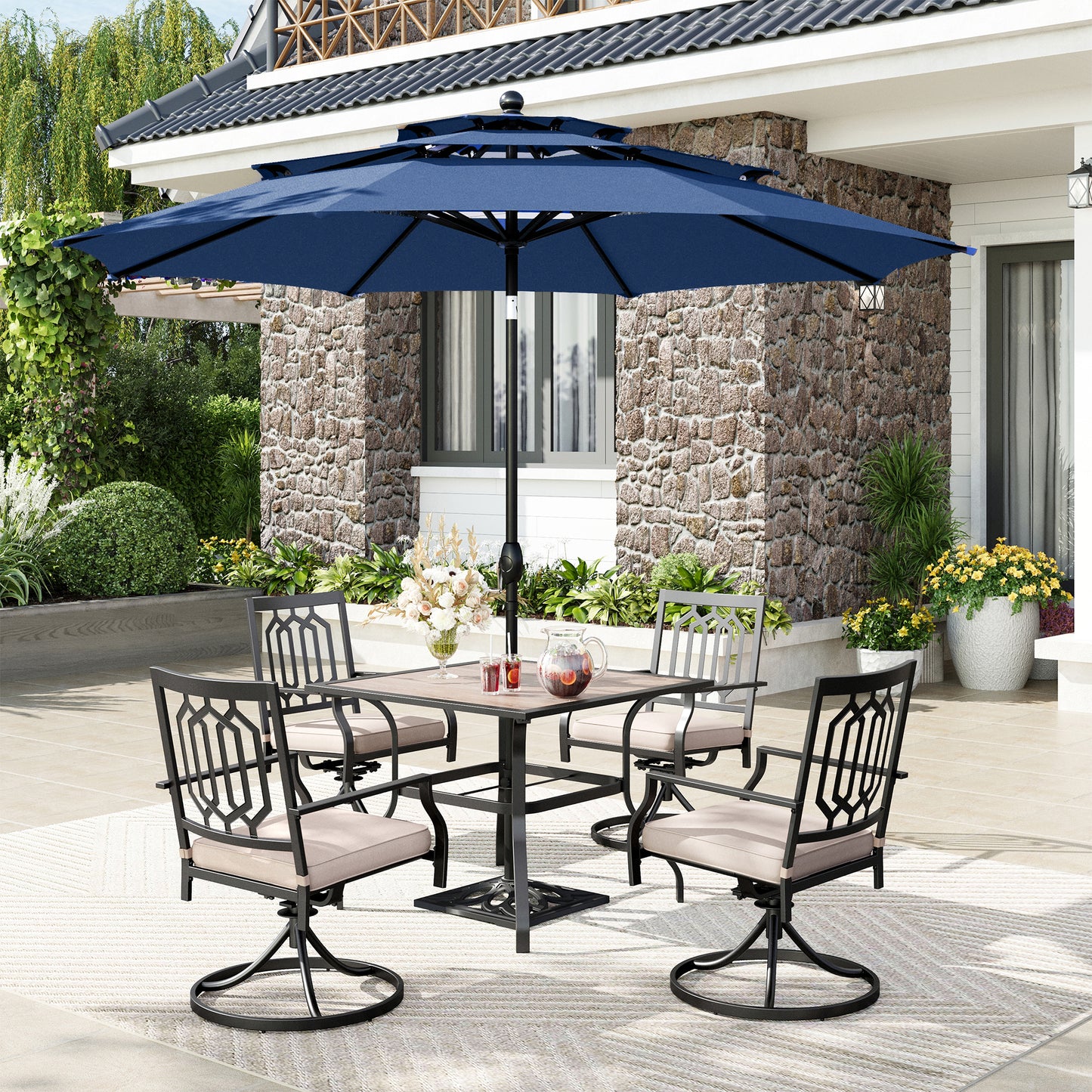 Captiva Designs 6pc Outdoor Patio Steel Dining Table & Swivel Metal Chairs & Market Umbrella