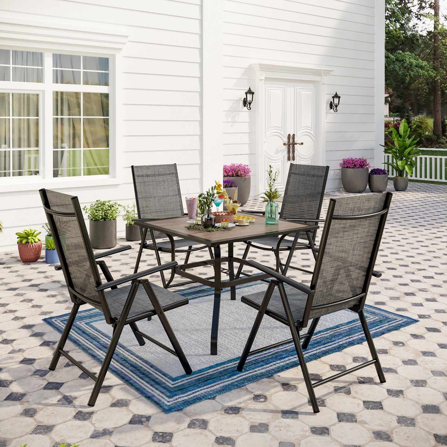 Captiva Designs 5pc Patio Dining Set Steel Frame Table with Umbrella Hole & Textilene Reclining Foldable Chairs