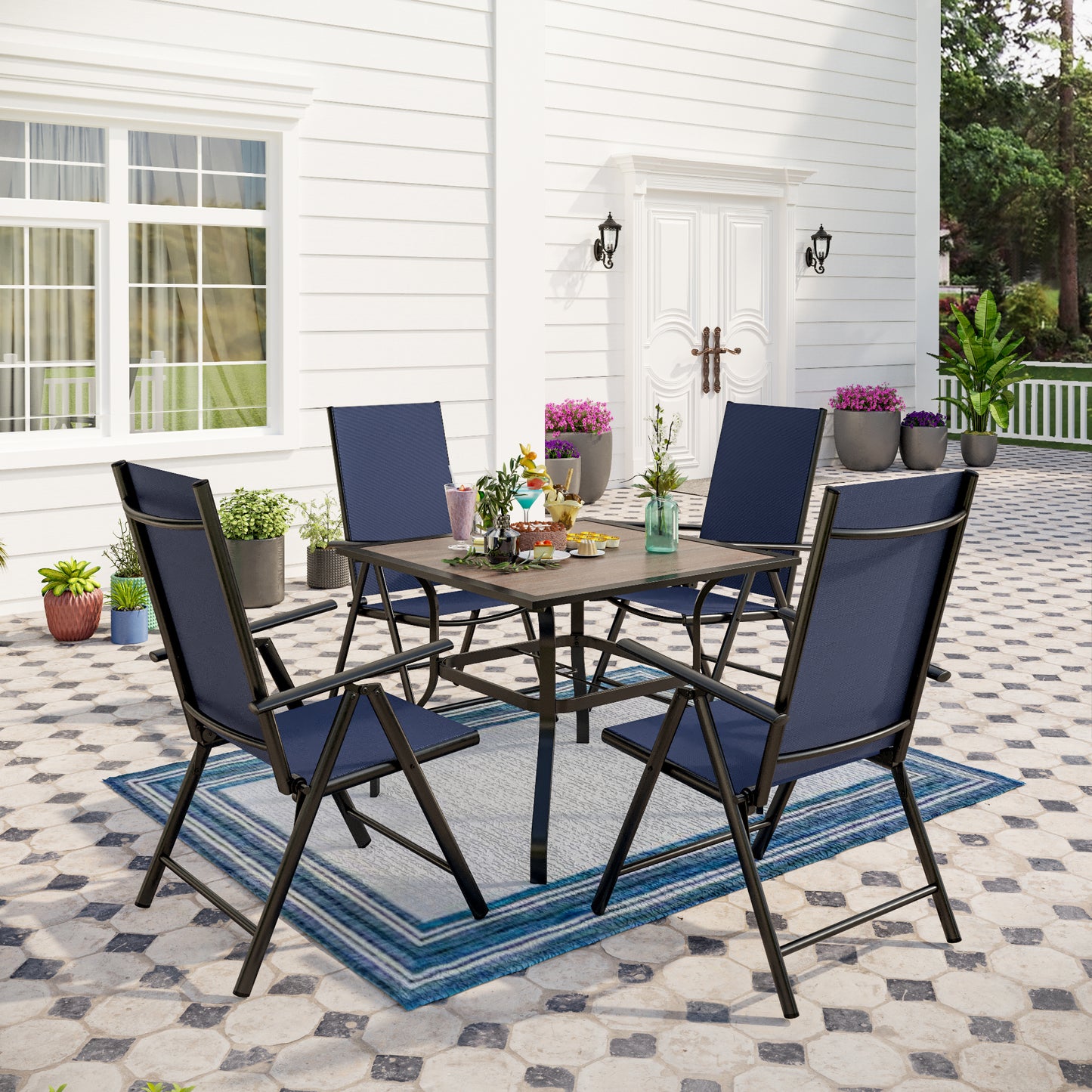 Captiva Designs 5pc Patio Dining Set Steel Frame Table with Umbrella Hole & Textilene Reclining Foldable Chairs