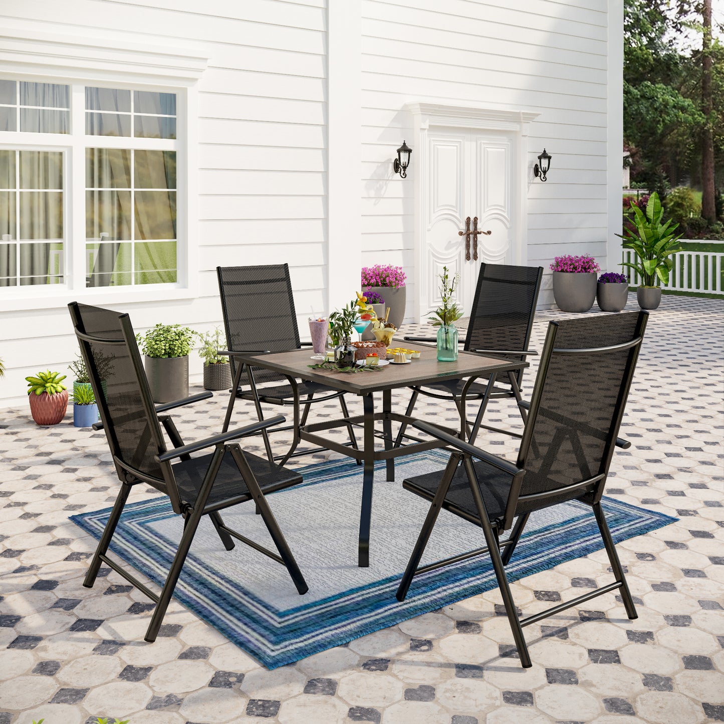 Captiva Designs 5pc Patio Dining Set Steel Frame Table with Umbrella Hole & Textilene Reclining Foldable Chairs