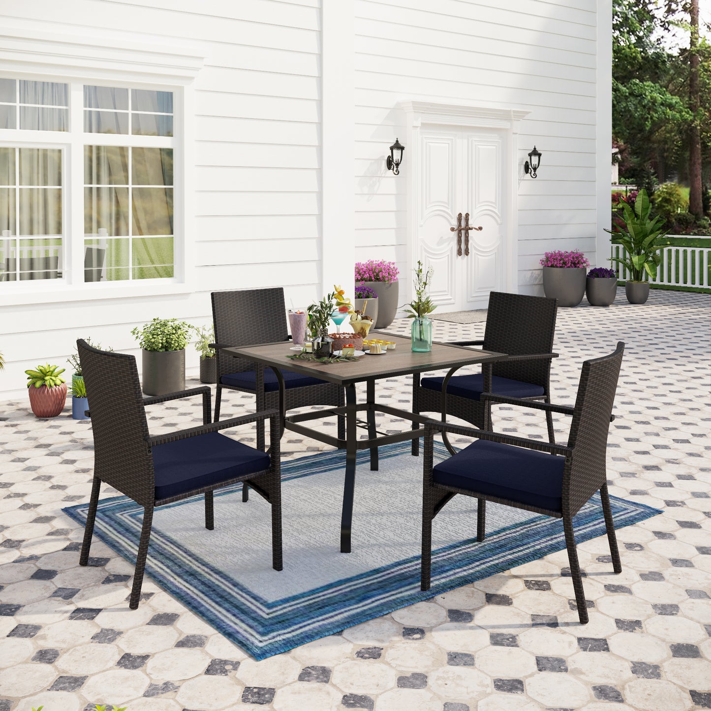 Captiva Designs 5pc Patio Dining Set Steel Frame Table with Umbrella Hole & Rattan Chairs with Removable Cushions