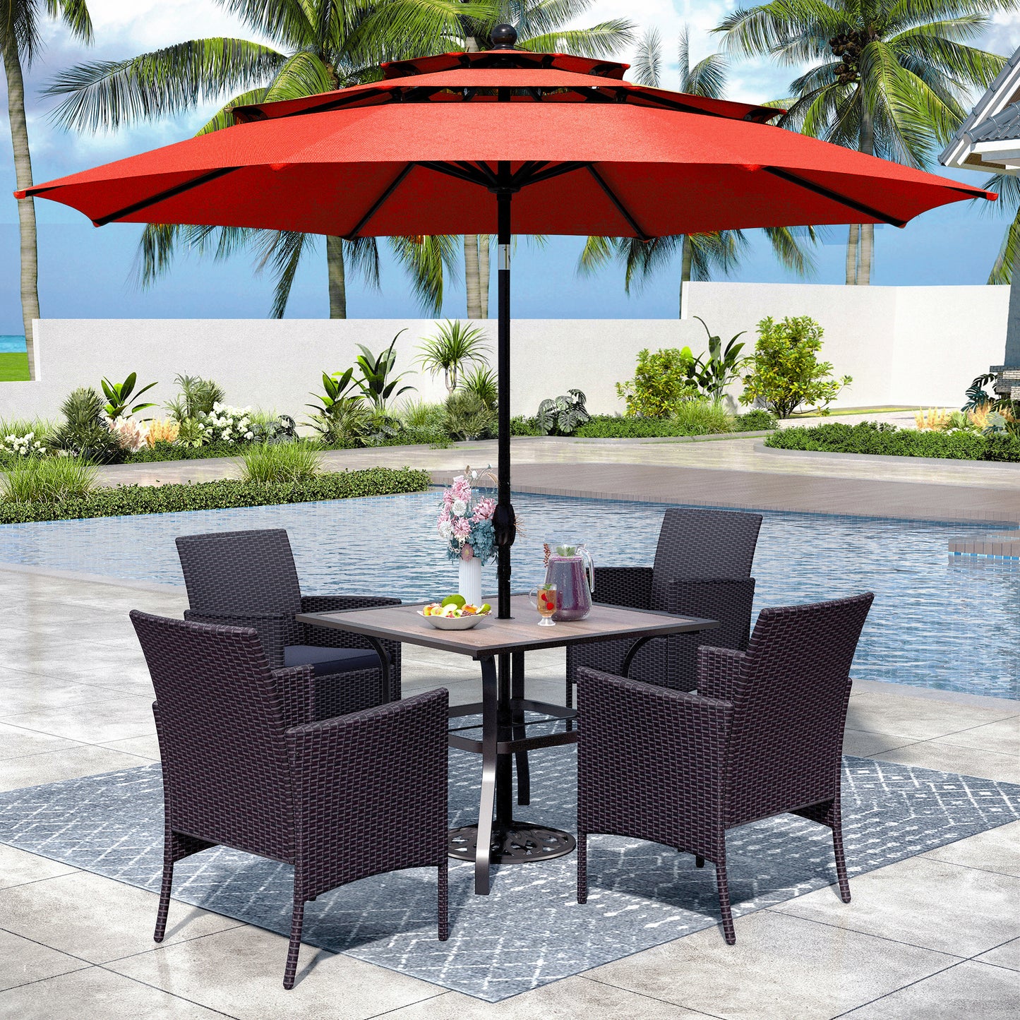 Captiva Designs 6pc Patio Slat-top Black Dining Table & Crescent Arm Rattan Chairs & Market Umbrella