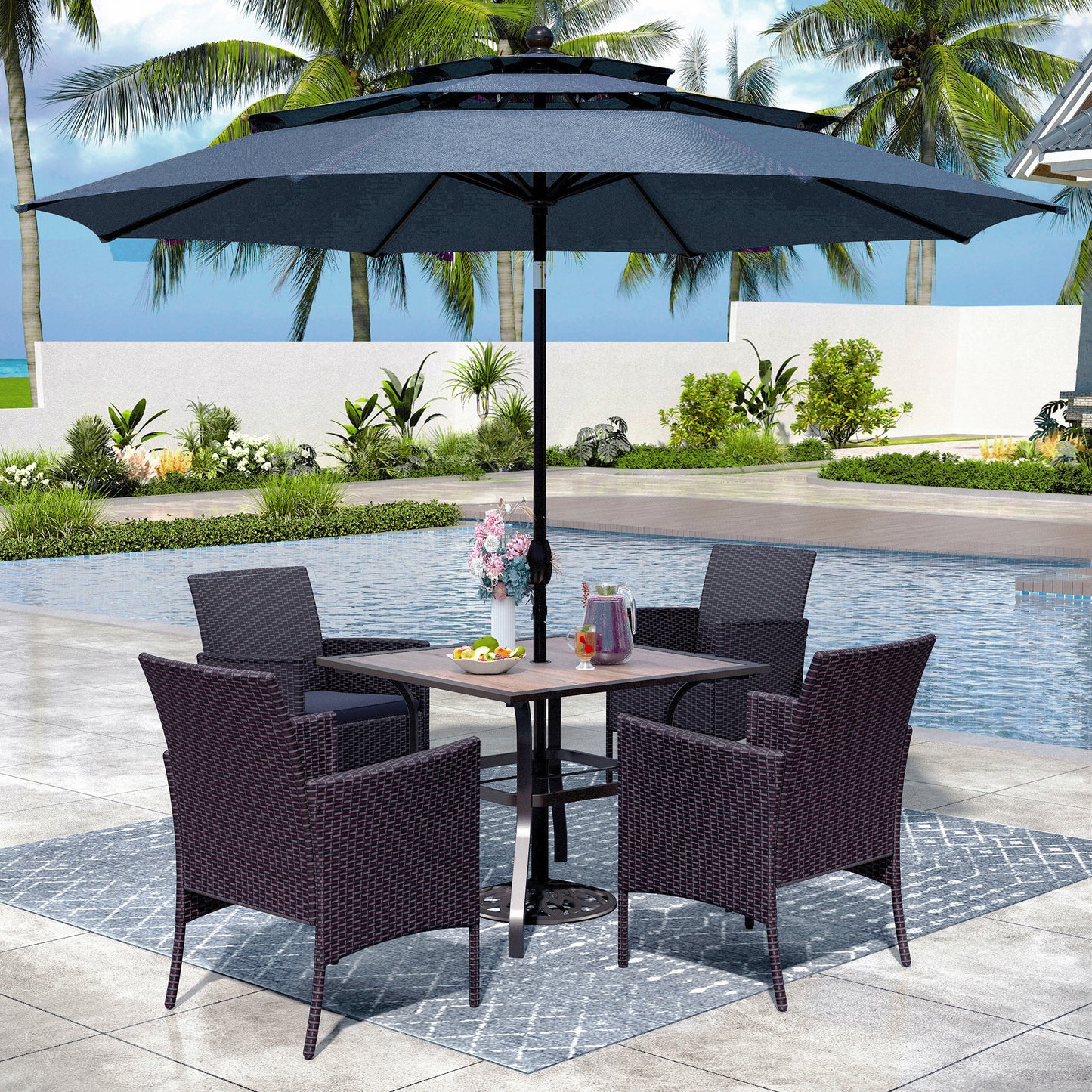 Captiva Designs 6pc Patio Slat-top Black Dining Table & Crescent Arm Rattan Chairs & Market Umbrella