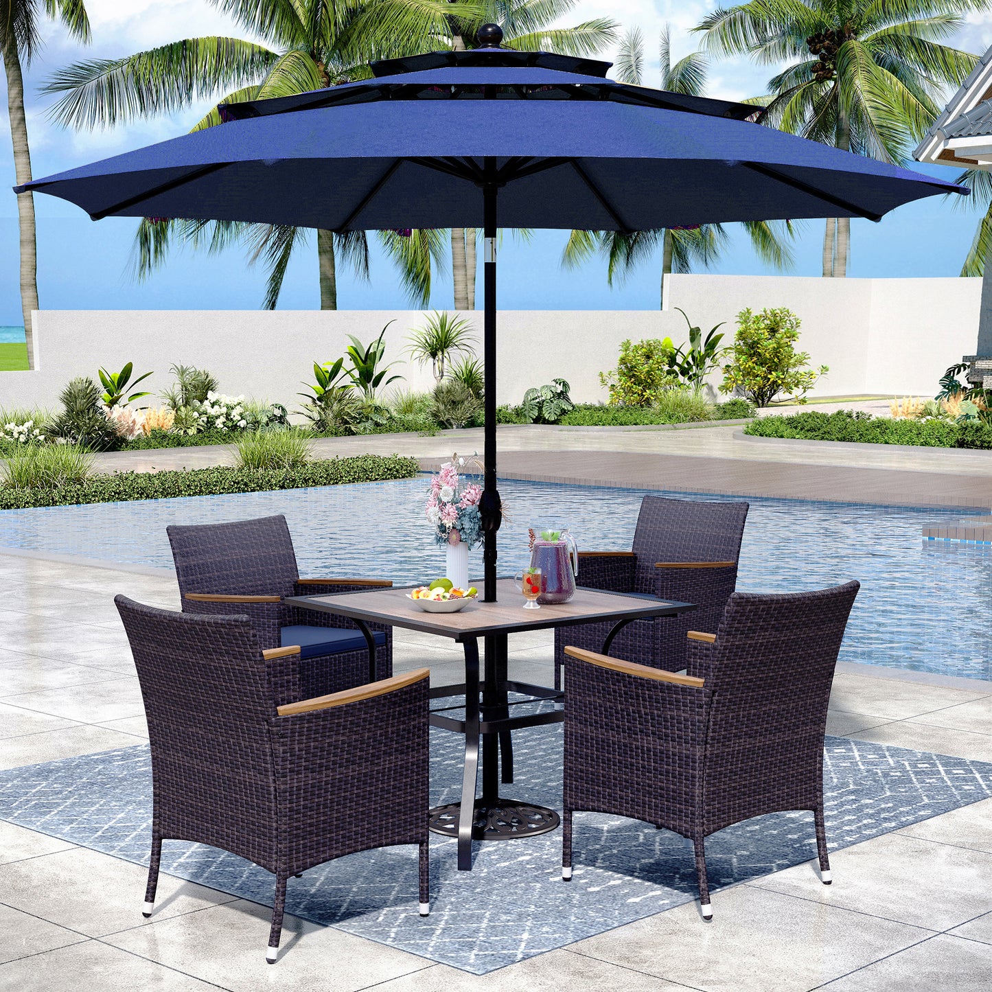 Captiva Designs 6pc Patio Slat-top Black Dining Table & Crescent Arm Rattan Chairs & Market Umbrella