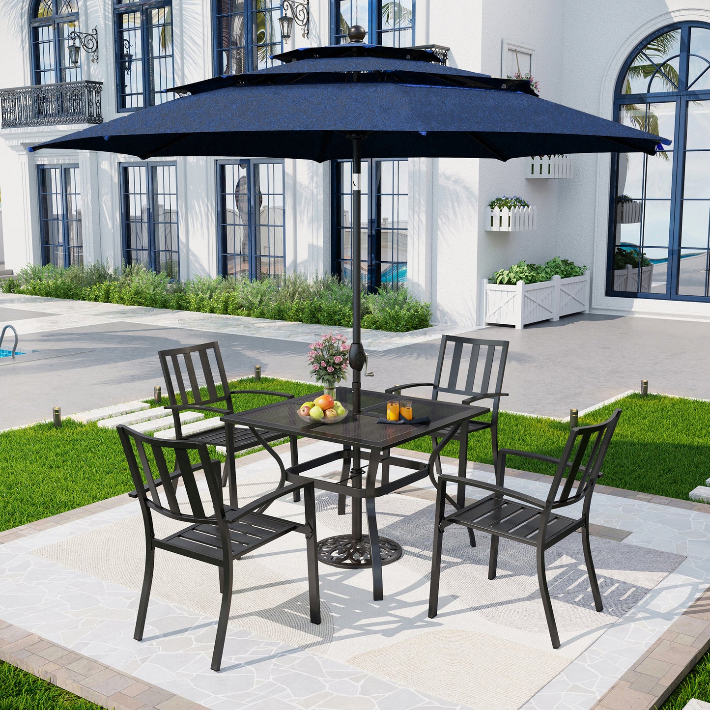 Captiva Designs 6pc Patio Mesh Top Square Steel Dining Table & Stackable Metal Chairs & Market Umbrella