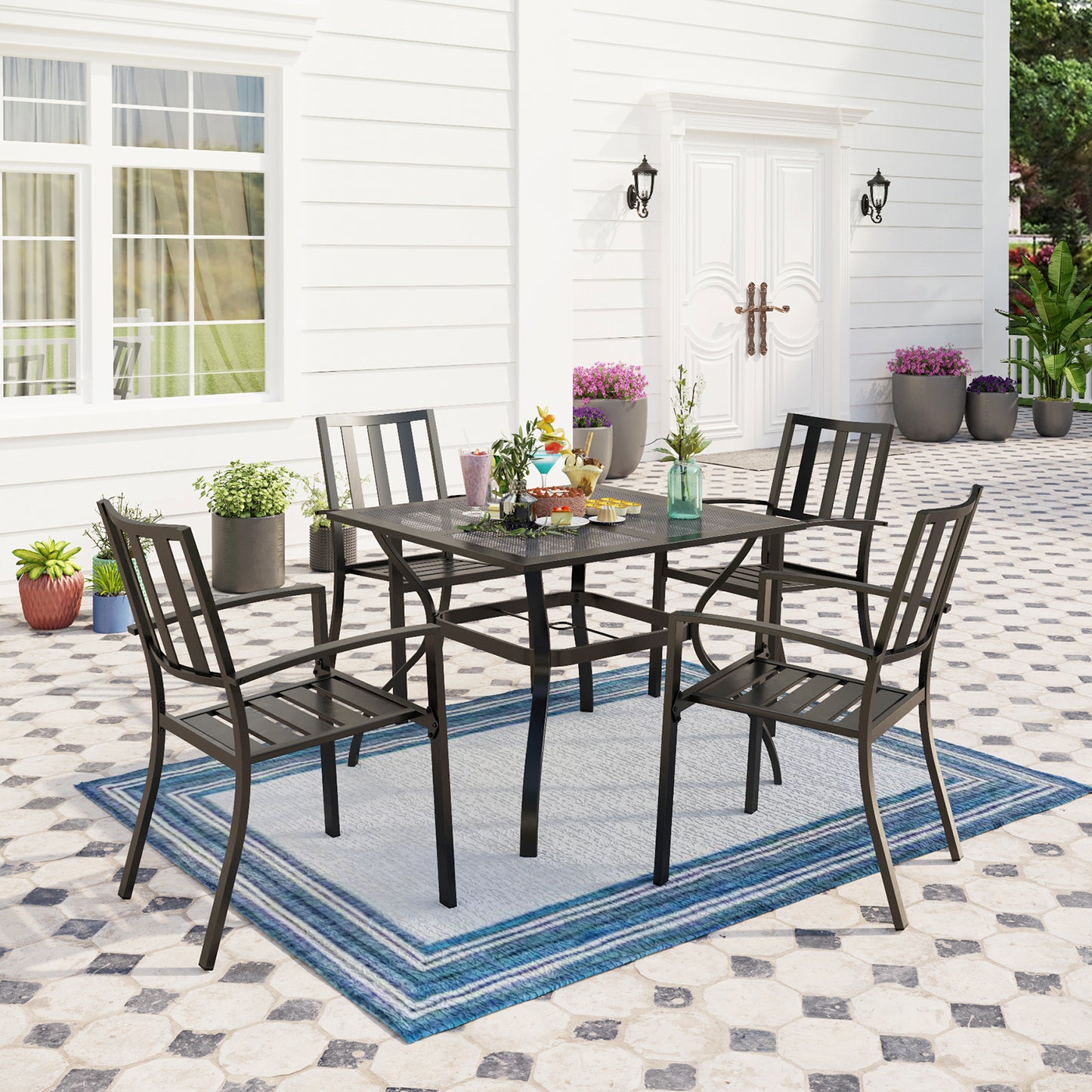 Captiva Designs 5pc Outdoor Patio Dining Set with Mesh Top Square Steel Table and Metal Chairs