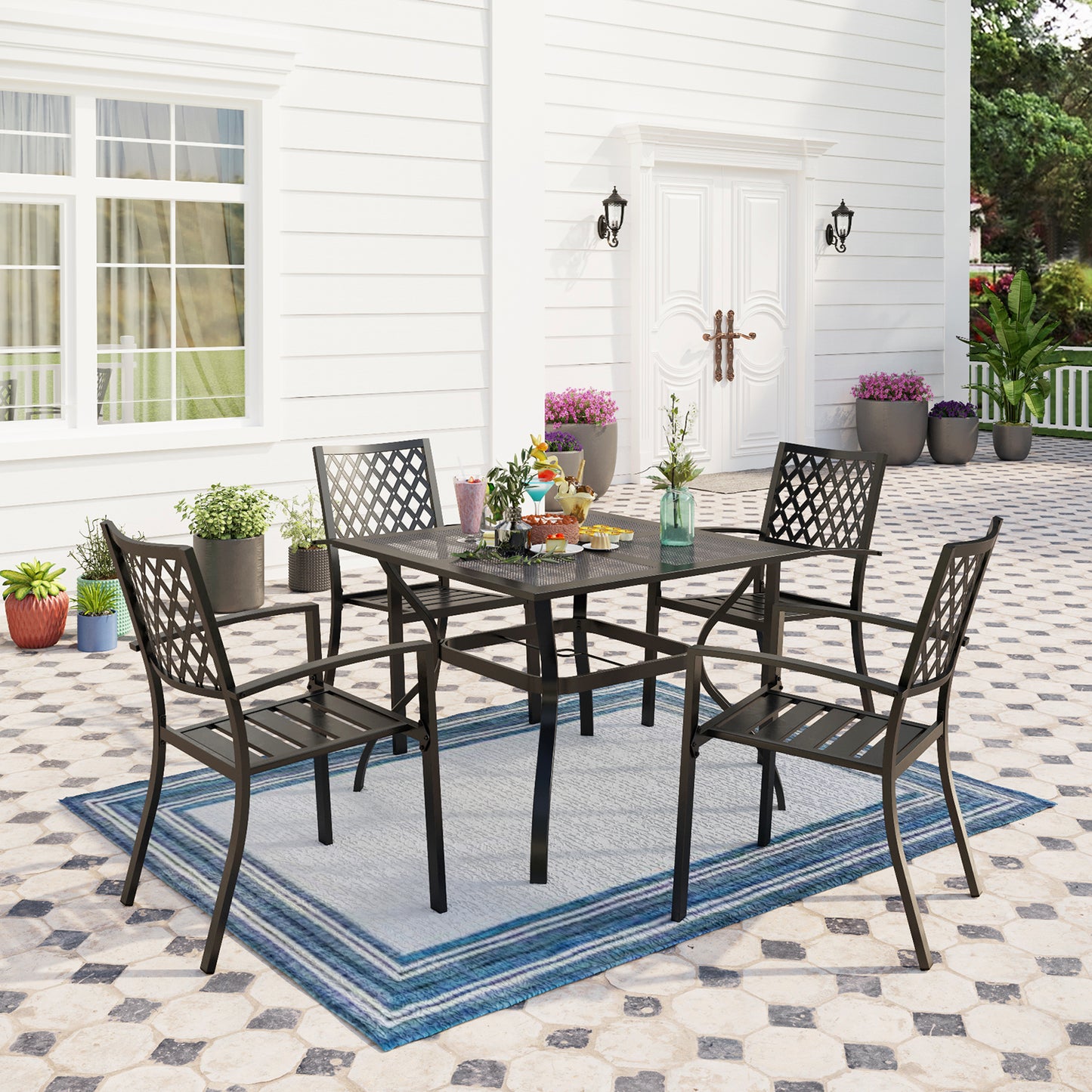 Captiva Designs 5pc Outdoor Patio Dining Set with Mesh Top Square Steel Table and Metal Chairs