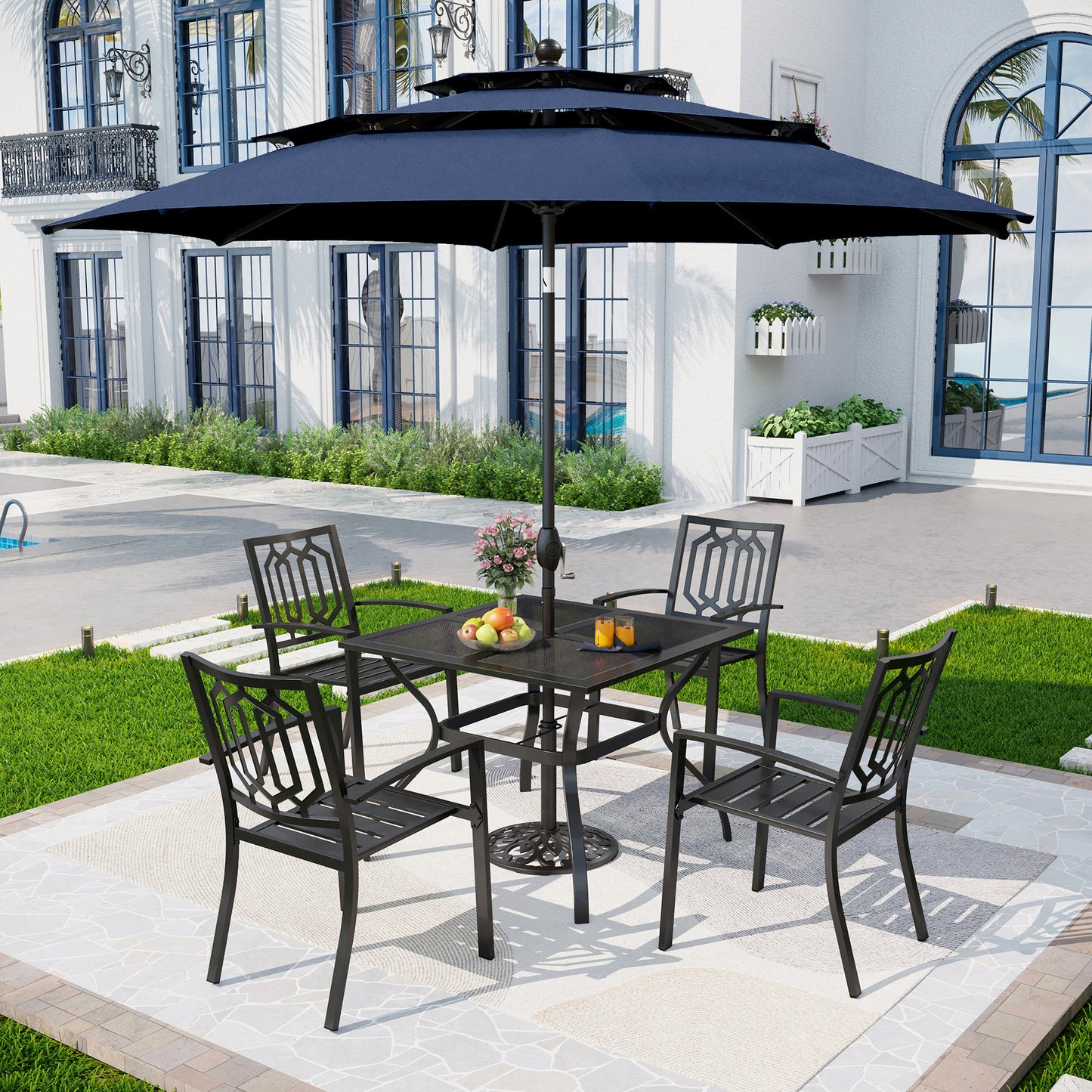 Captiva Designs 6pc Patio Mesh Top Square Steel Dining Table & Stackable Metal Chairs & Market Umbrella