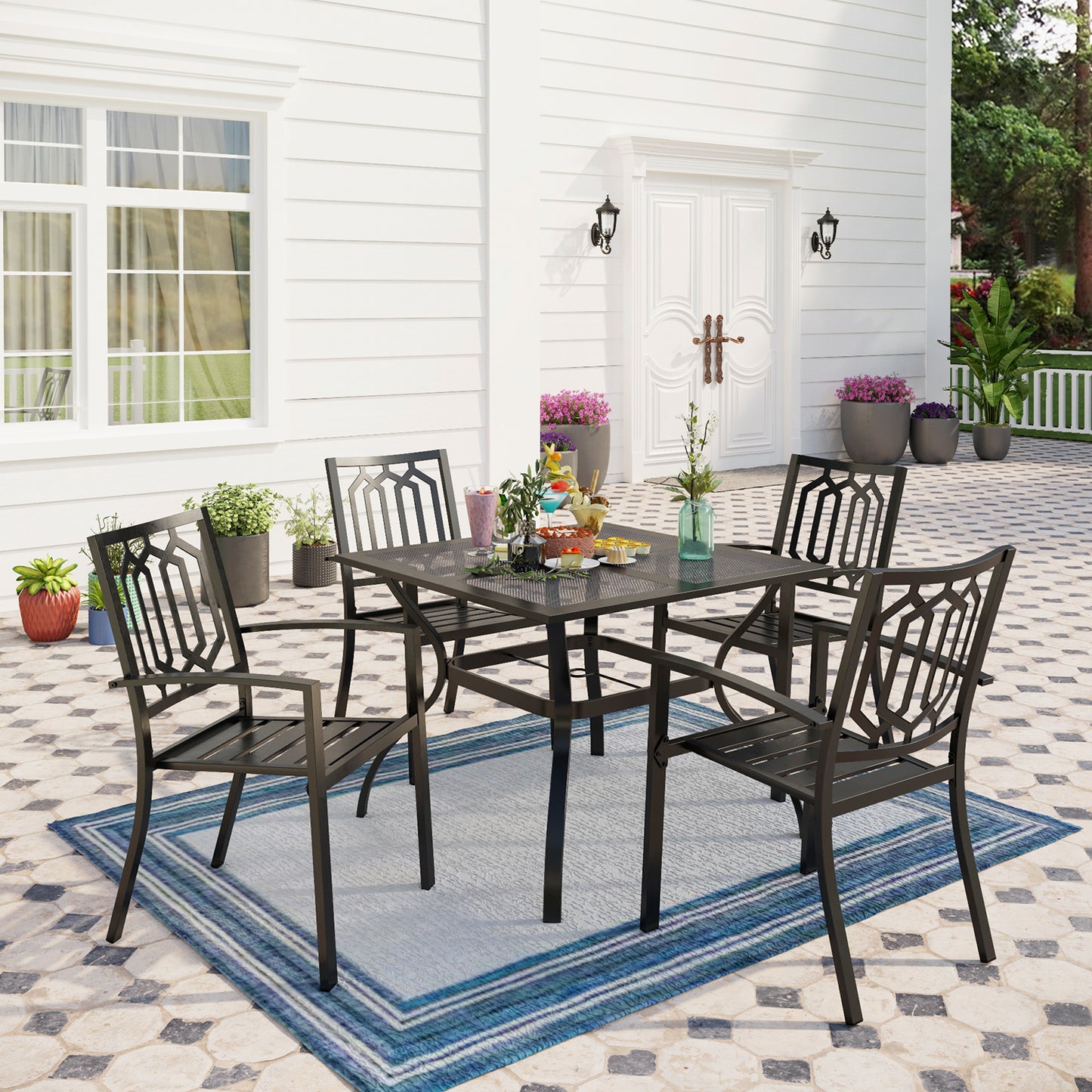 Captiva Designs 5pc Outdoor Patio Dining Set with Mesh Top Square Steel Table and Metal Chairs