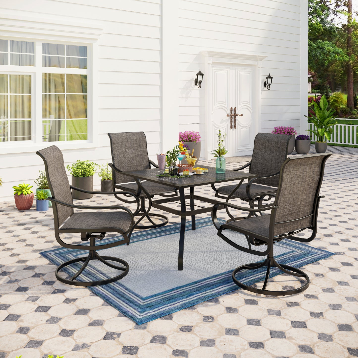 Captiva Designs 5pc Outdoor Patio Square Dining Steel Table & Swivel Sling Metal Chairs